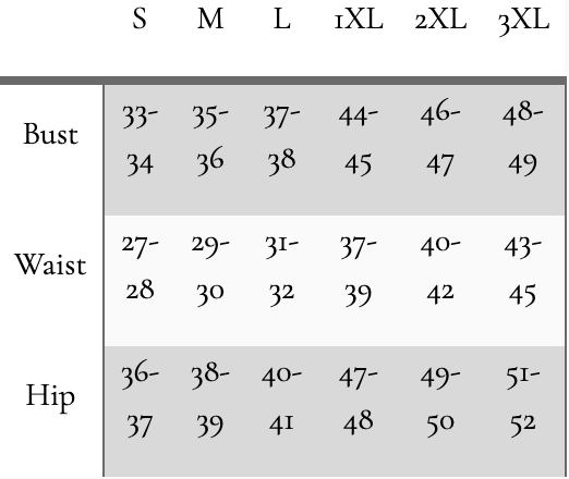 Size chart for clothing with measurements for bust, waist, and hip across sizes S to 3XL.