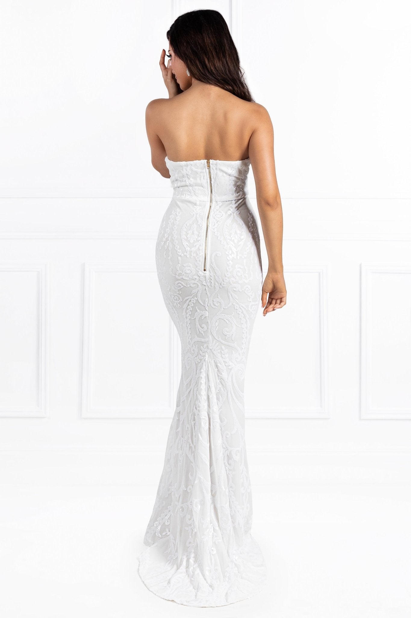 Honey Couture LA ROSA White Strapless Sequin Evening Gown Dress in Australia | One Honey Boutique