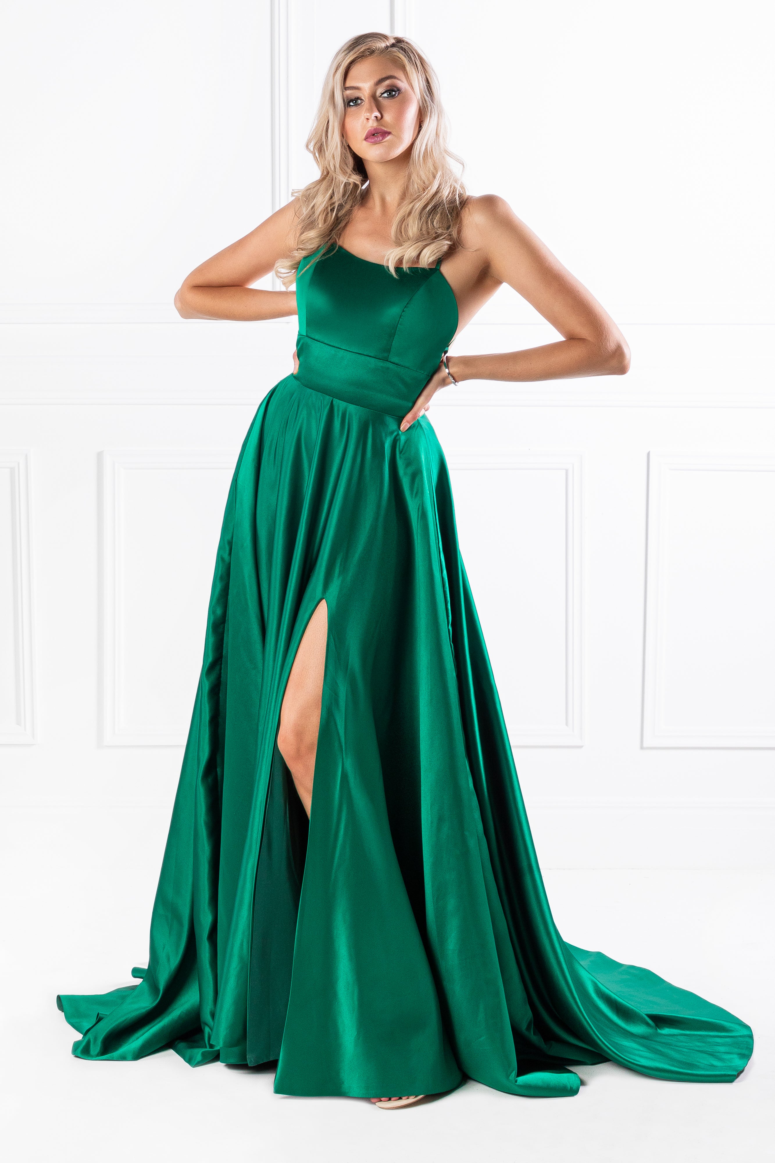 SHERRI Emerald Green Lace Up Back Satin Formal Gown {vendor} AfterPay Humm ZipPay LayBuy Sezzle