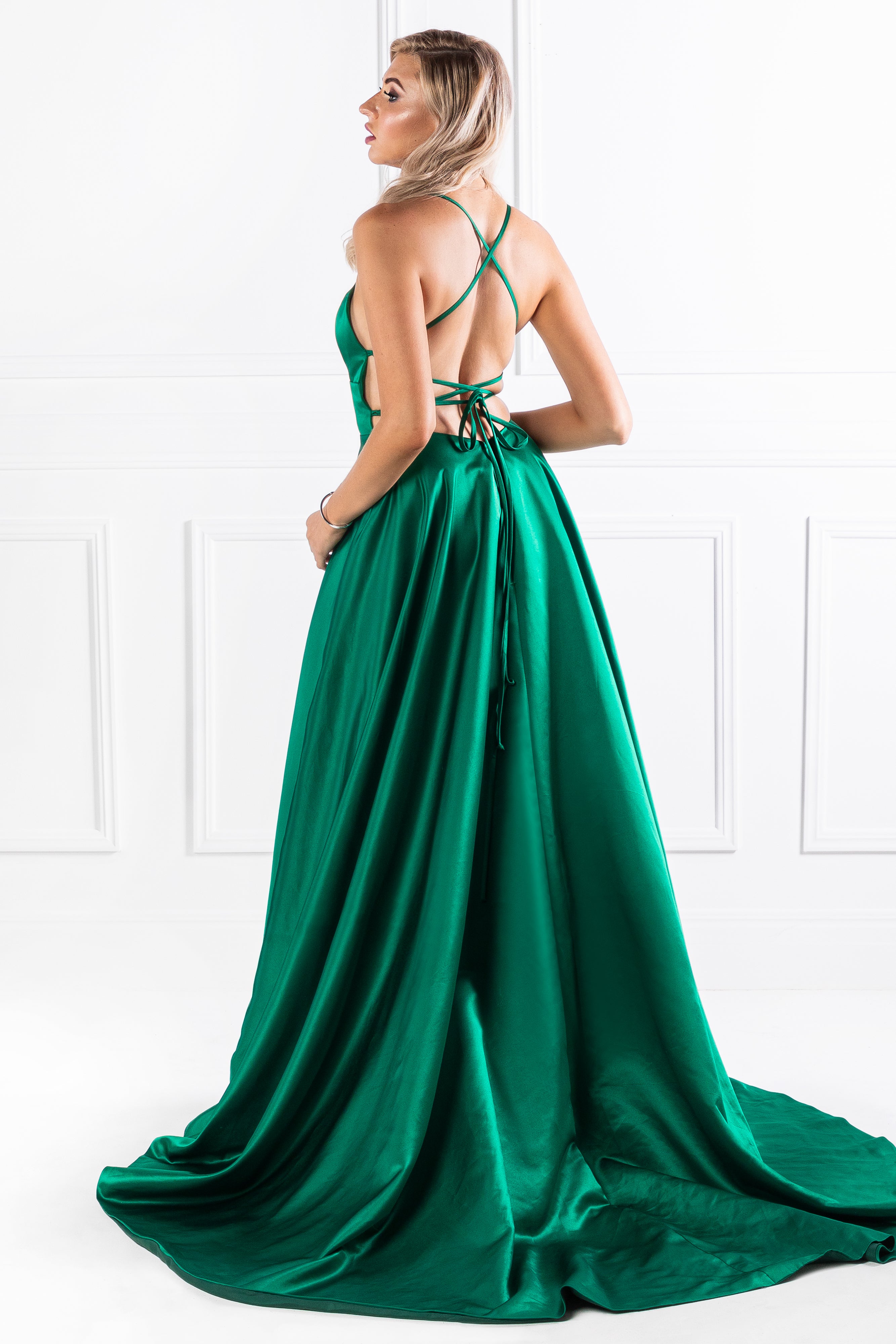 SHERRI Emerald Green Lace Up Back Satin Formal Gown {vendor} AfterPay Humm ZipPay LayBuy Sezzle