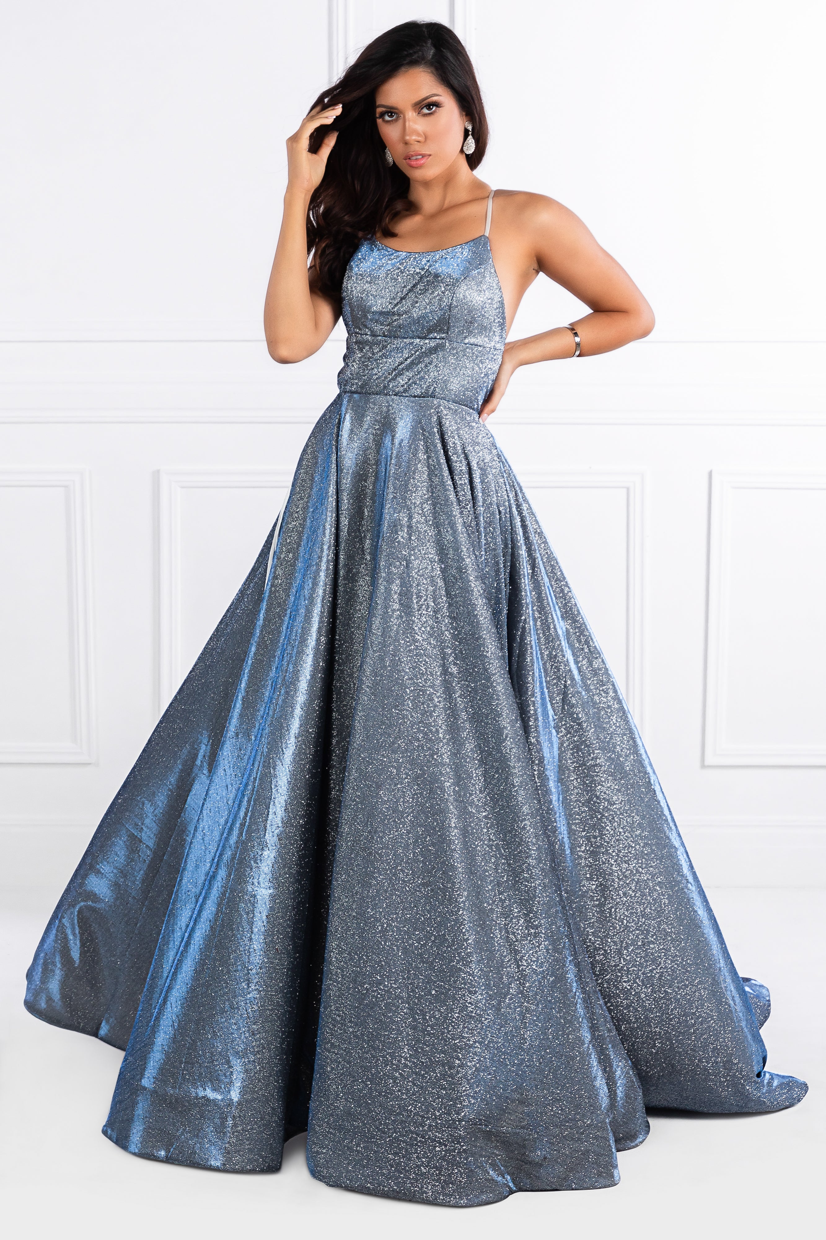 Honey Couture HARRIETT Glitter Fabric Formal Dress, Australian Designer, Blue Evening Gown with Lace Up Back, Affordable Prom Dress