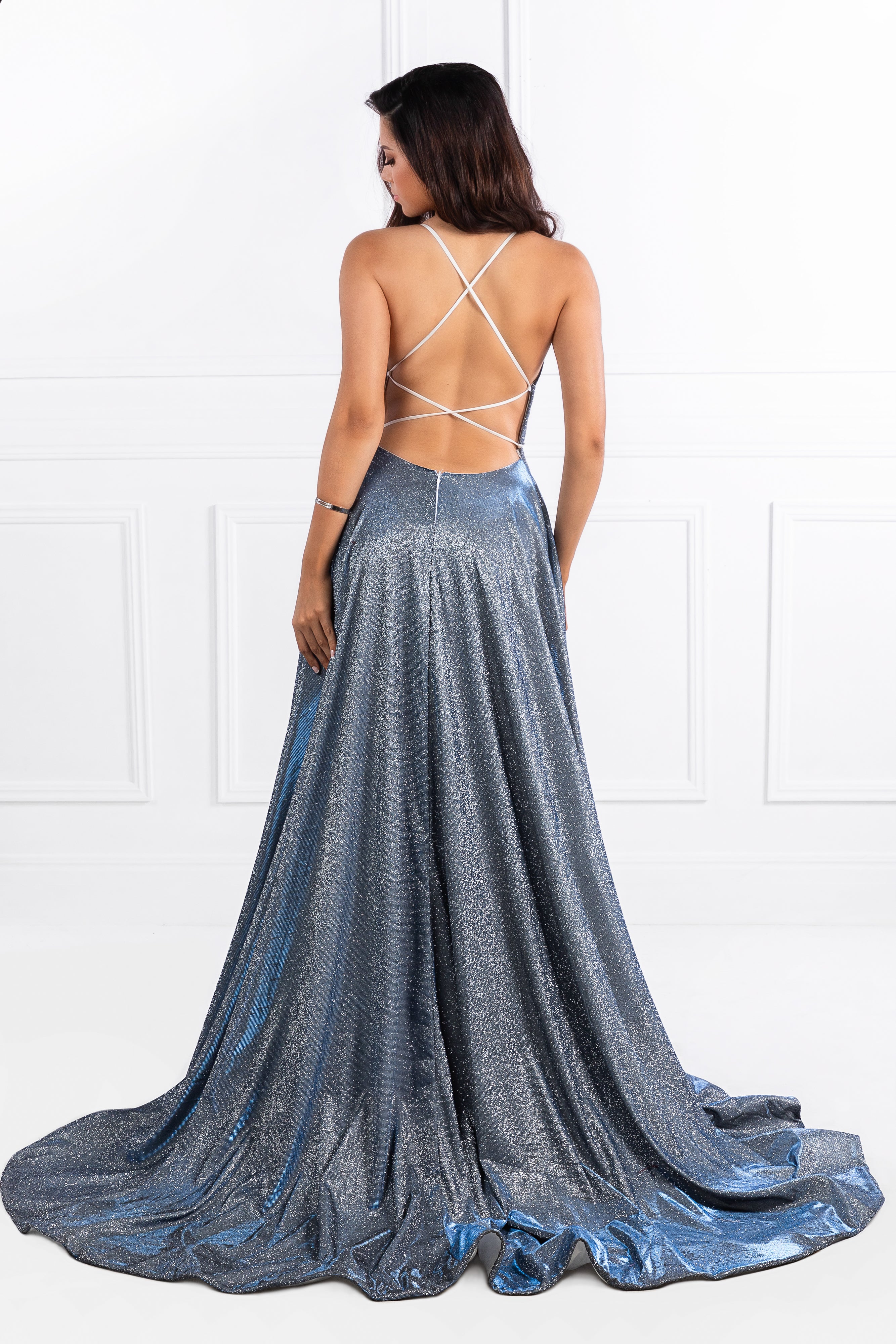 Honey Couture HARRIETT Glitter Fabric Lace Up Back Formal Dress in blue, Australian designer prom gown with full train, perfect for events.