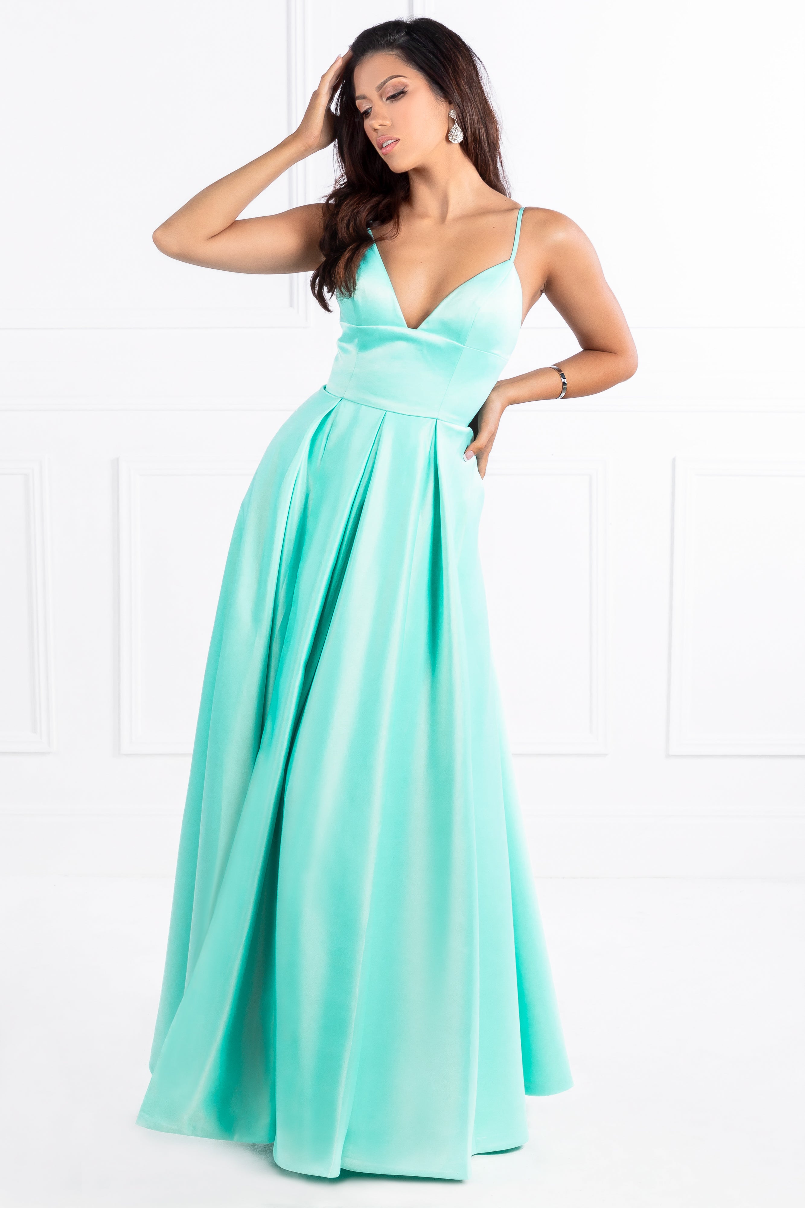 Woman in vibrant formal dress, Honey Couture LANEY Triangle Top w Full Skirt, showcasing Australian Designer evening gown for prom or pageant.