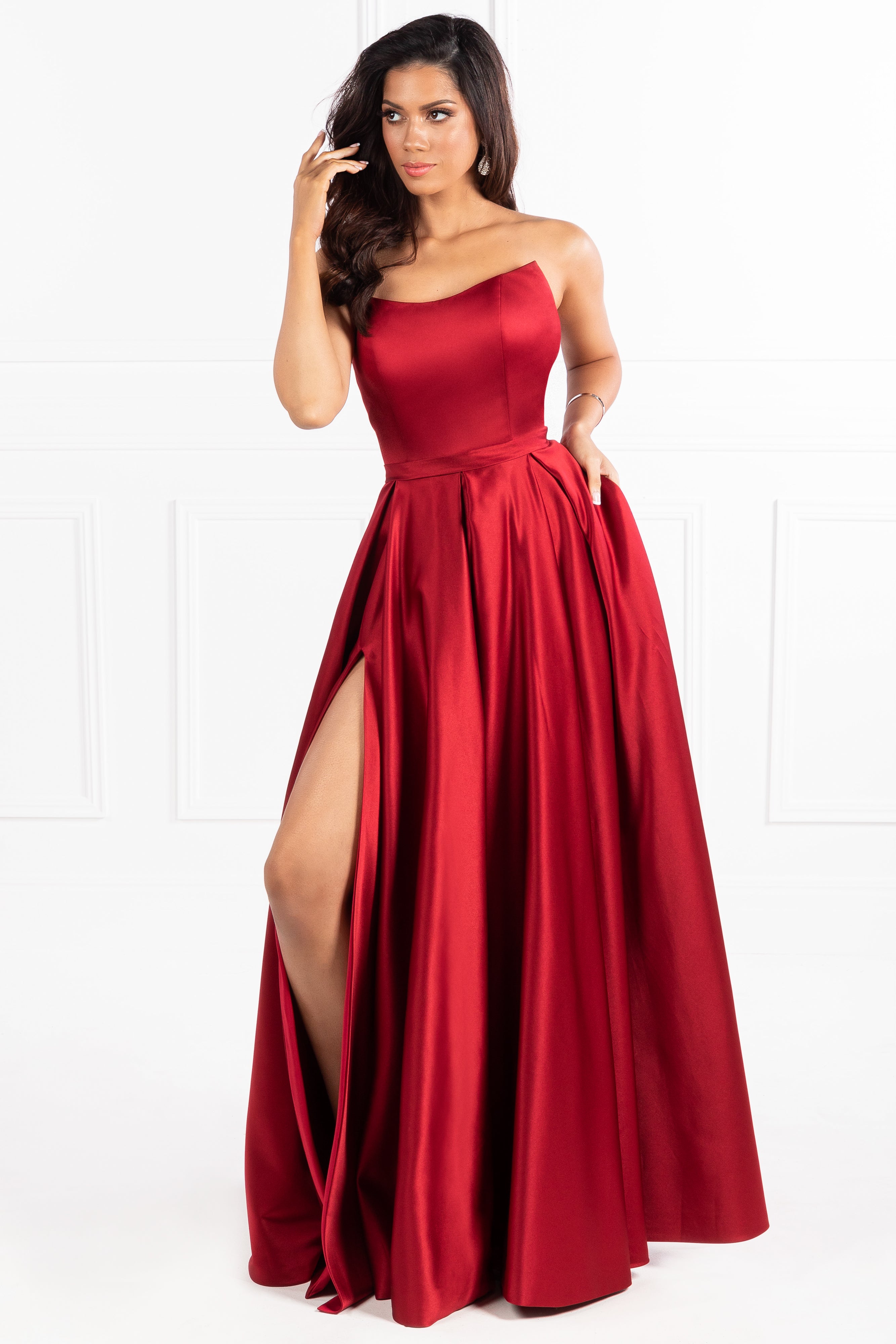 Honey Couture VICTORIA strapless A-line ballgown, Australian designer, red formal evening gown with leg split, perfect for prom and pageants.