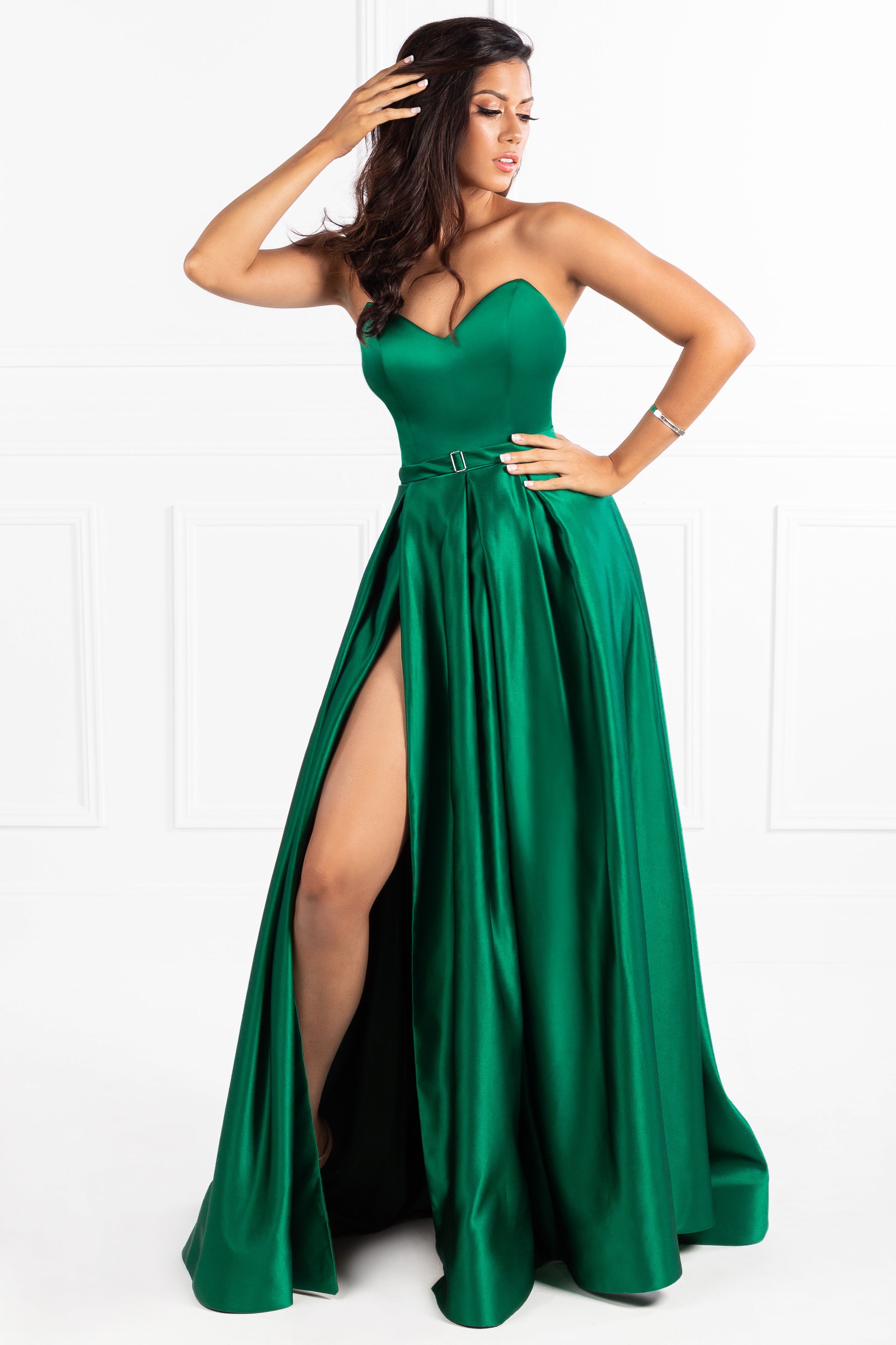 Honey Couture HELENA Strapless A Line Gown in green, featuring a leg split. Perfect formal dress for prom or pageants by Australian designer.