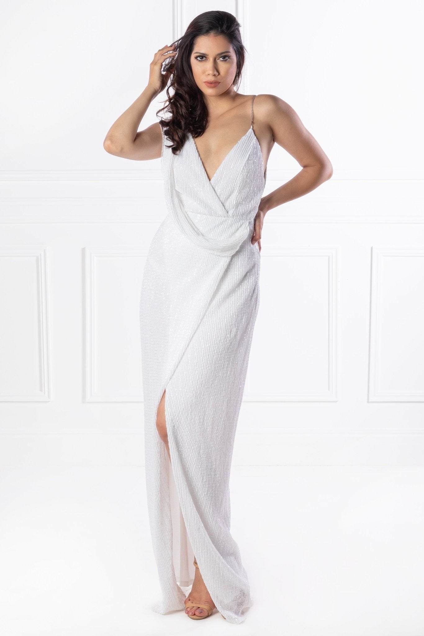 Honey Couture SHANIKA White One Sleeve Sequin Formal Dress in Australia | One Honey Boutique