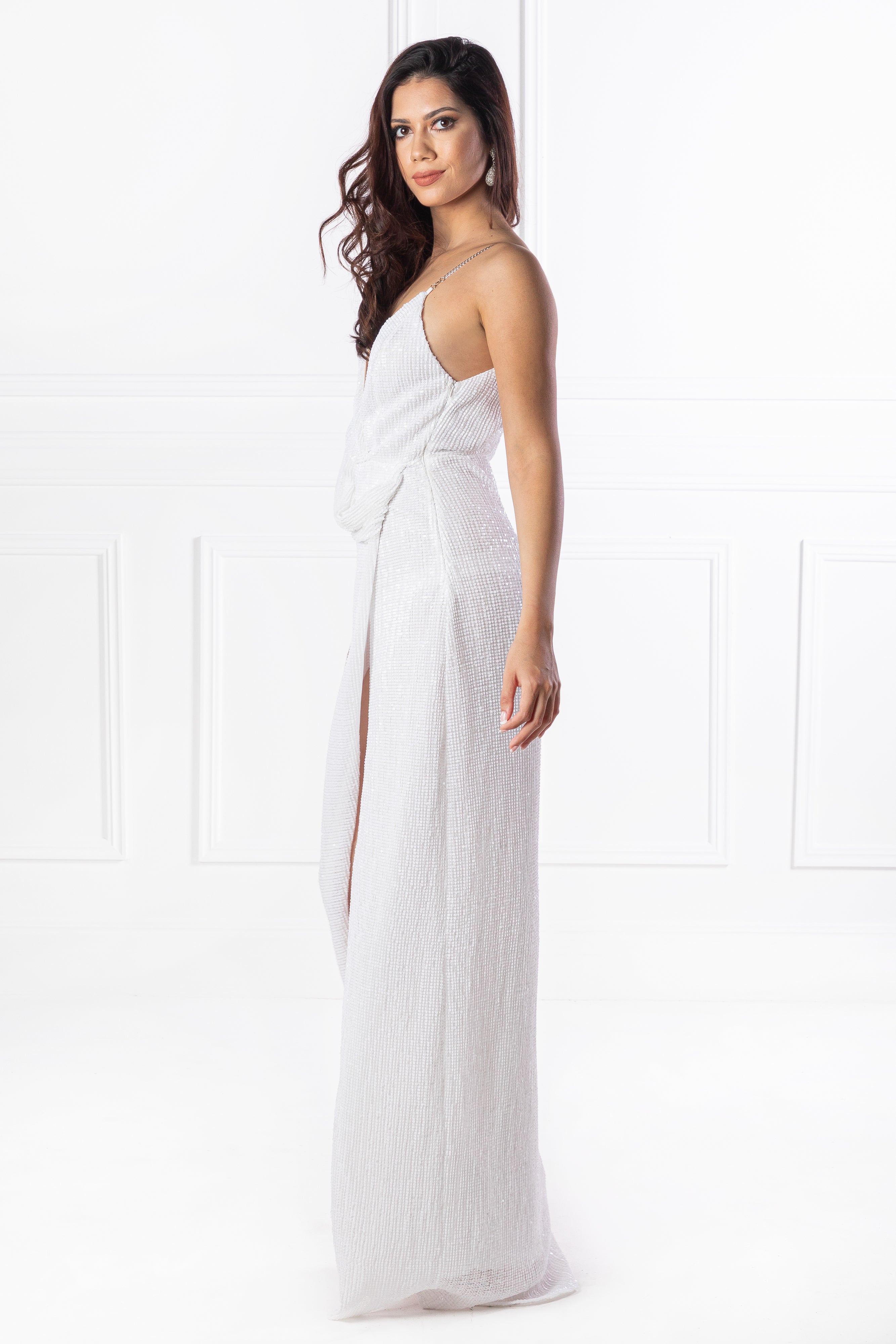 Honey Couture SHANIKA White One Sleeve Sequin Formal Dress {vendor} AfterPay Humm ZipPay LayBuy Sezzle