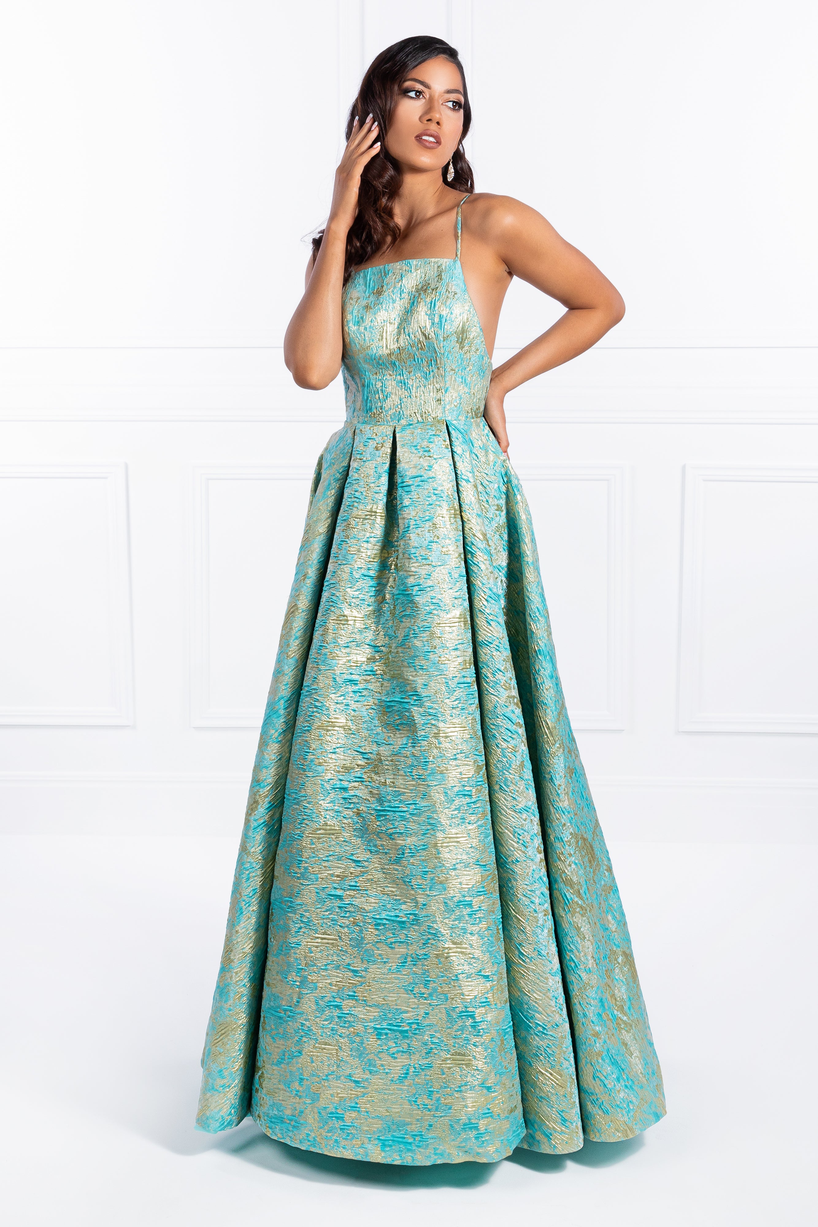 Honey Couture INGA Floral Teal Print Formal Dress by Australian Designer, ideal for prom and evening events, featuring premium embossed fabric.