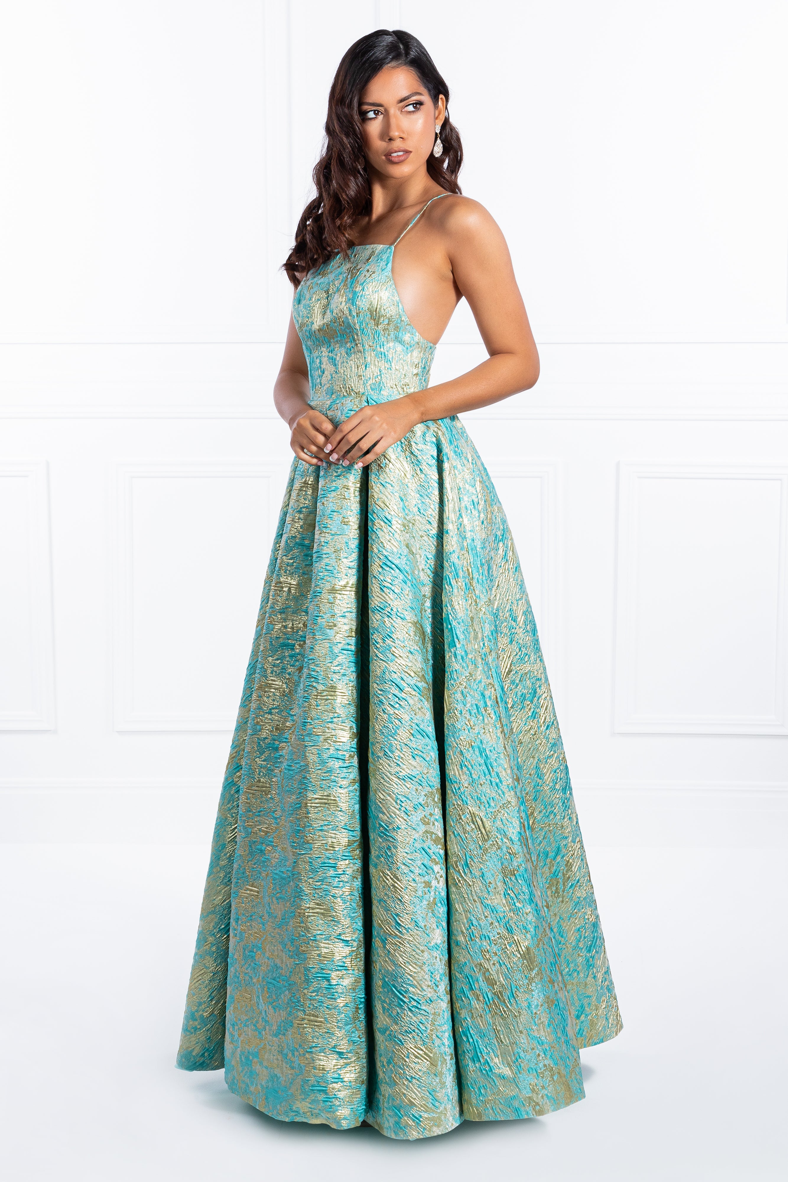 Woman wearing Honey Couture INGA Floral Teal Print Formal Dress, perfect for prom and evening events, from Australian designer.