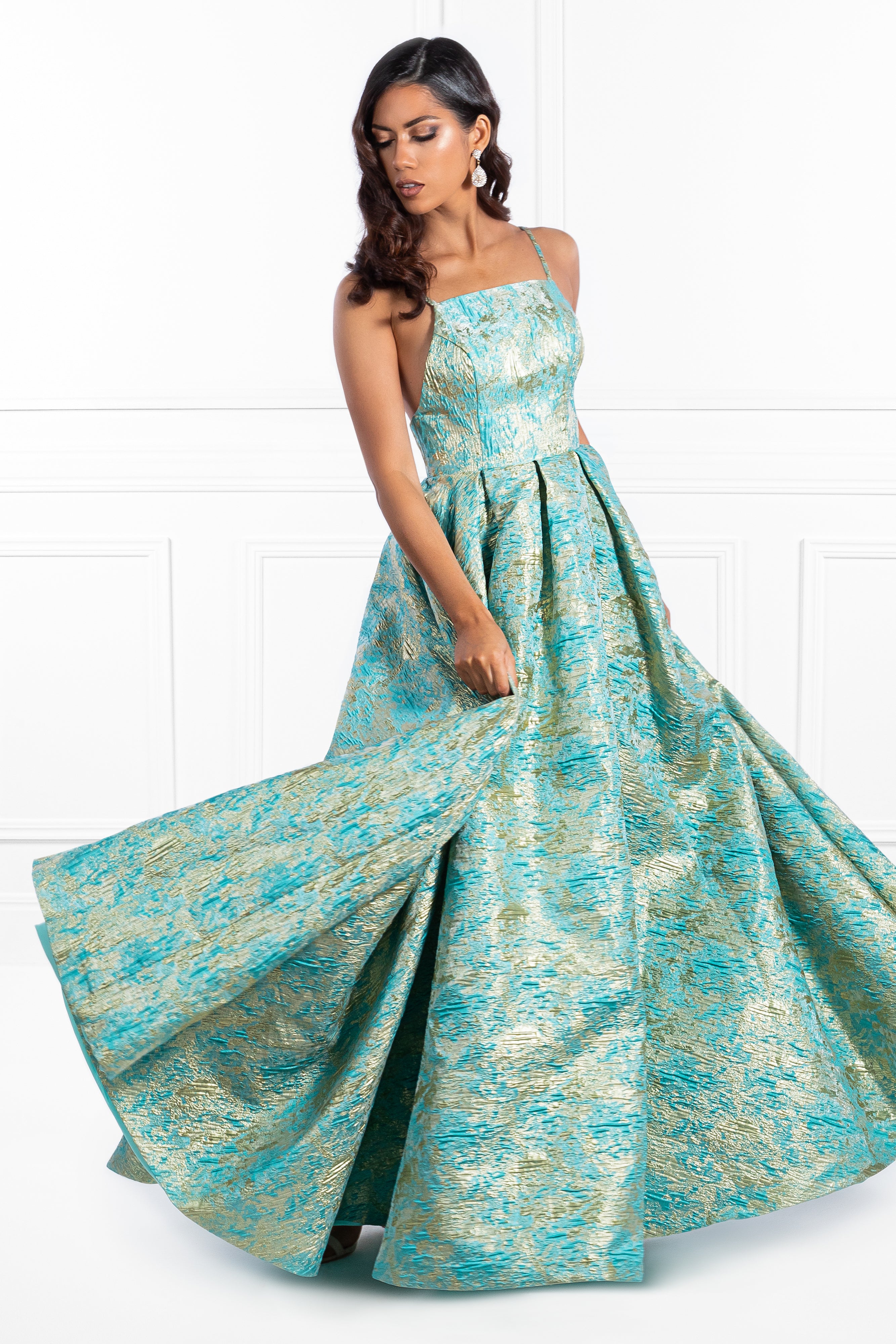 Honey Couture INGA Floral Teal Evening Gown by Australian Designer, perfect for Prom and Formal Events, showcasing exquisite embossed fabric.