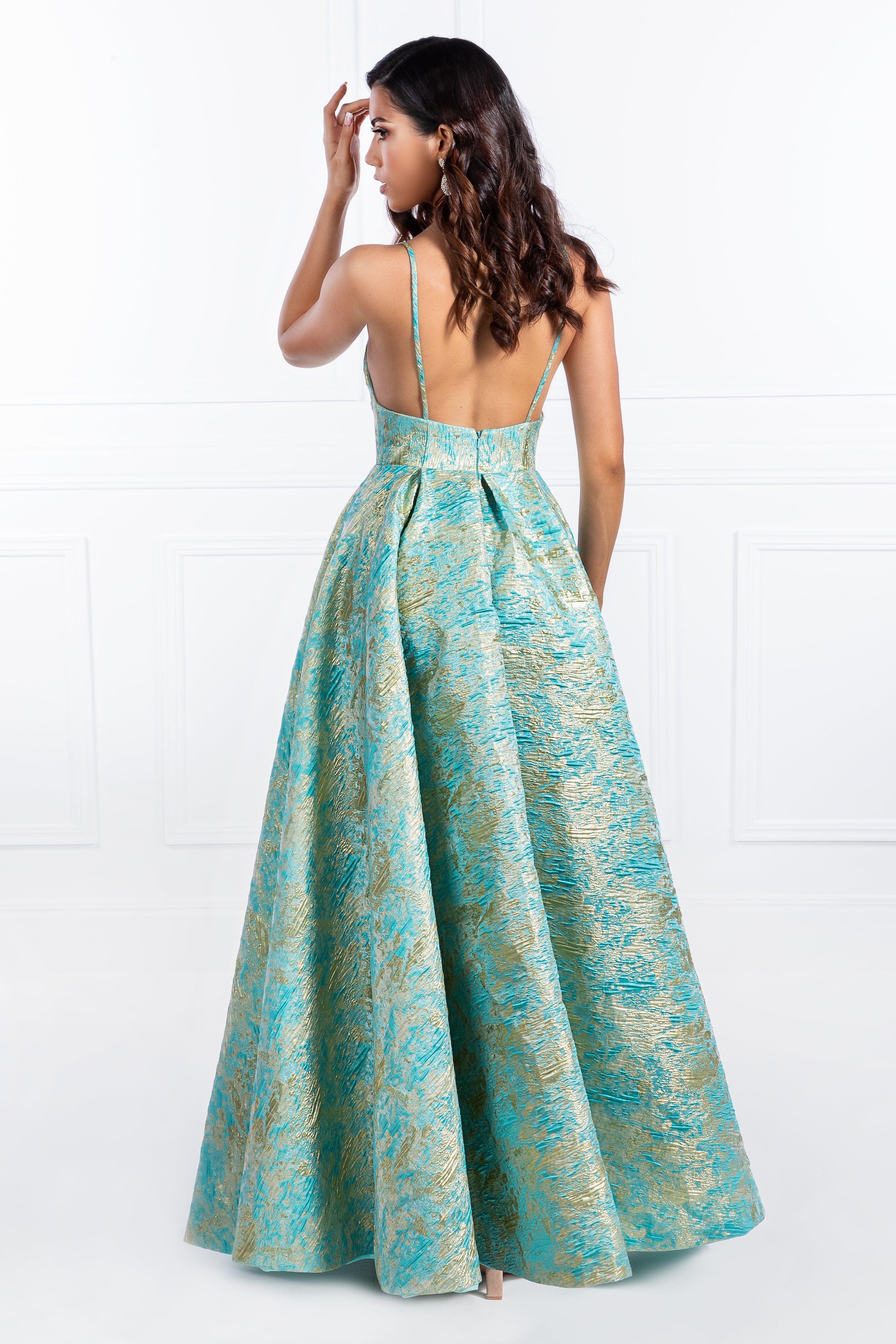 Honey Couture INGA Floral Teal Print Formal Dress, Australian Designer Prom Dress, Affordable Evening Gown, Back View.
