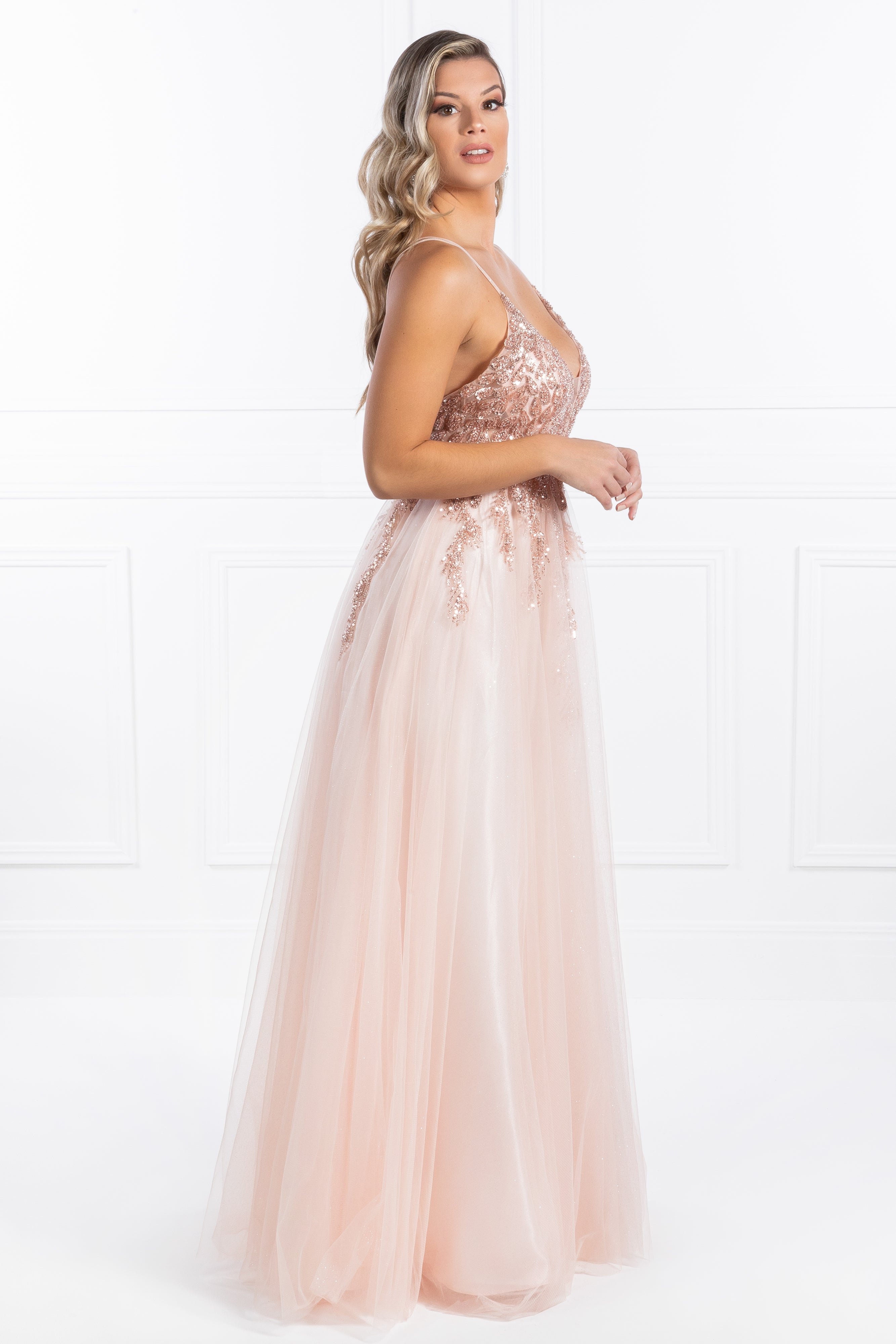 Honey Couture EDEN Blush Crystal Beaded Tulle Formal Gown