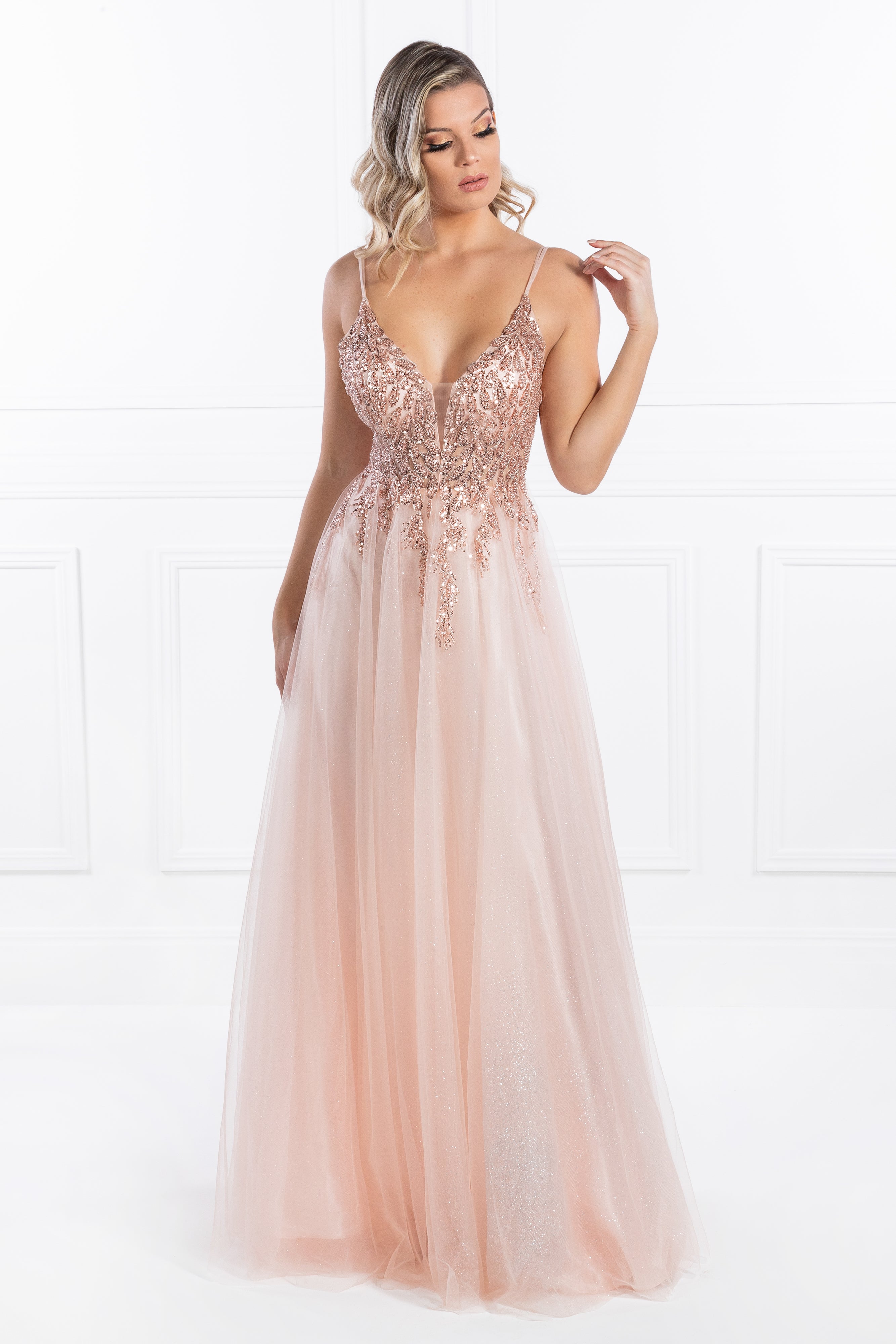 Alt Tag: Honey Couture EDEN Blush Crystal Beaded Tulle Formal Gown, Australian Designer Prom Dresses, Evening Gowns, Affordable Elegance