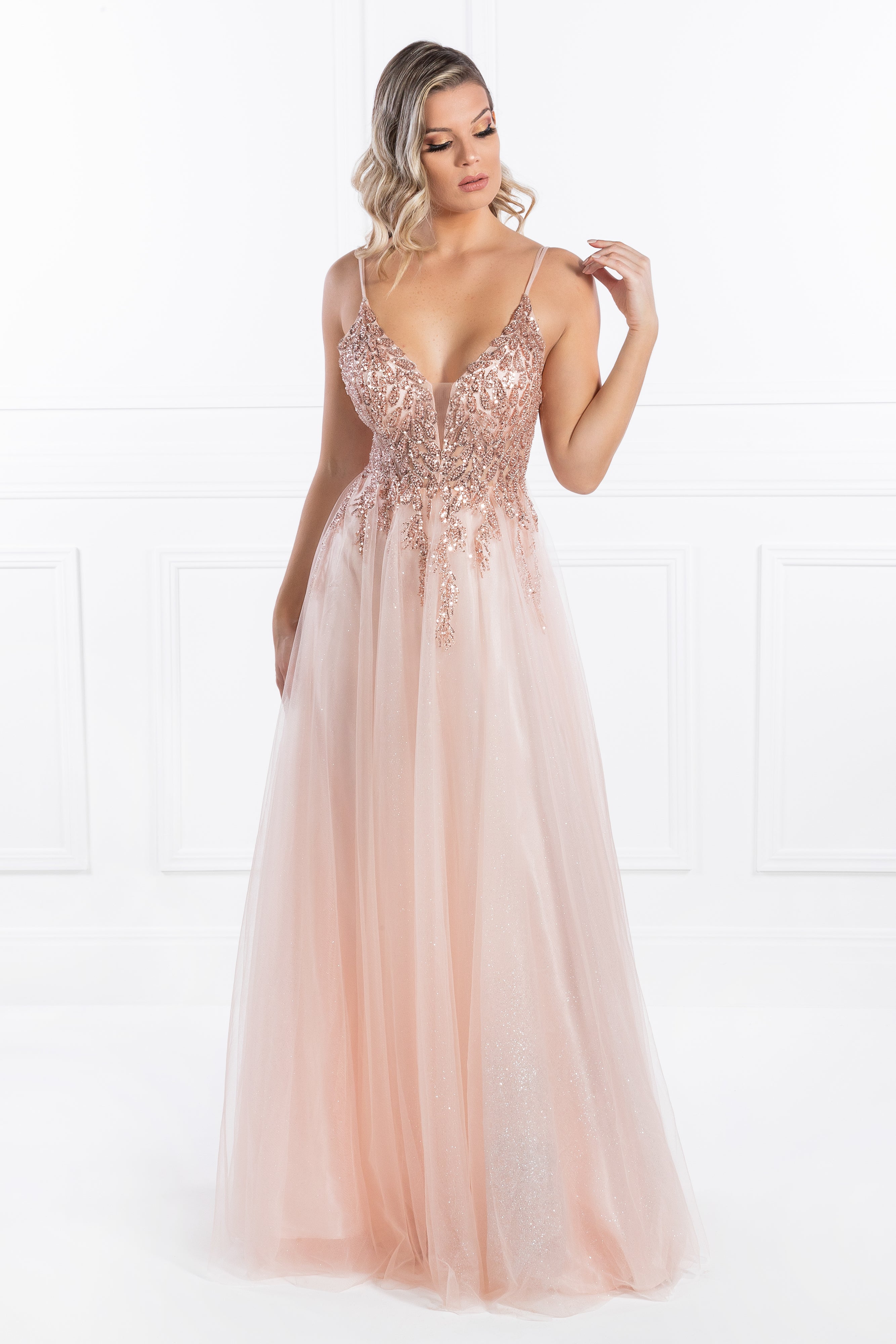 Honey Couture EDEN Blush Crystal Beaded Tulle Formal Gown