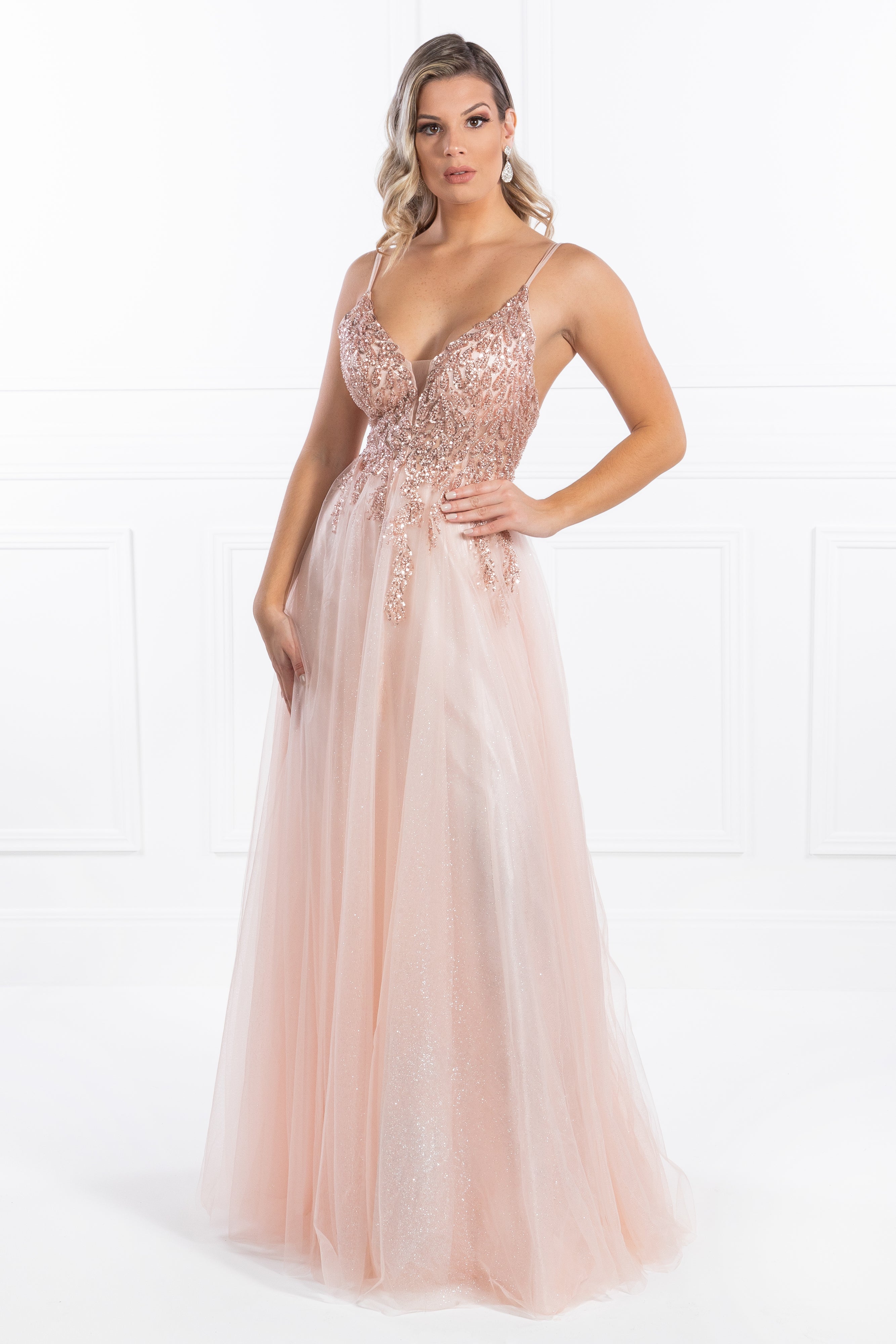 Honey Couture EDEN Blush Crystal Beaded Tulle Formal Gown