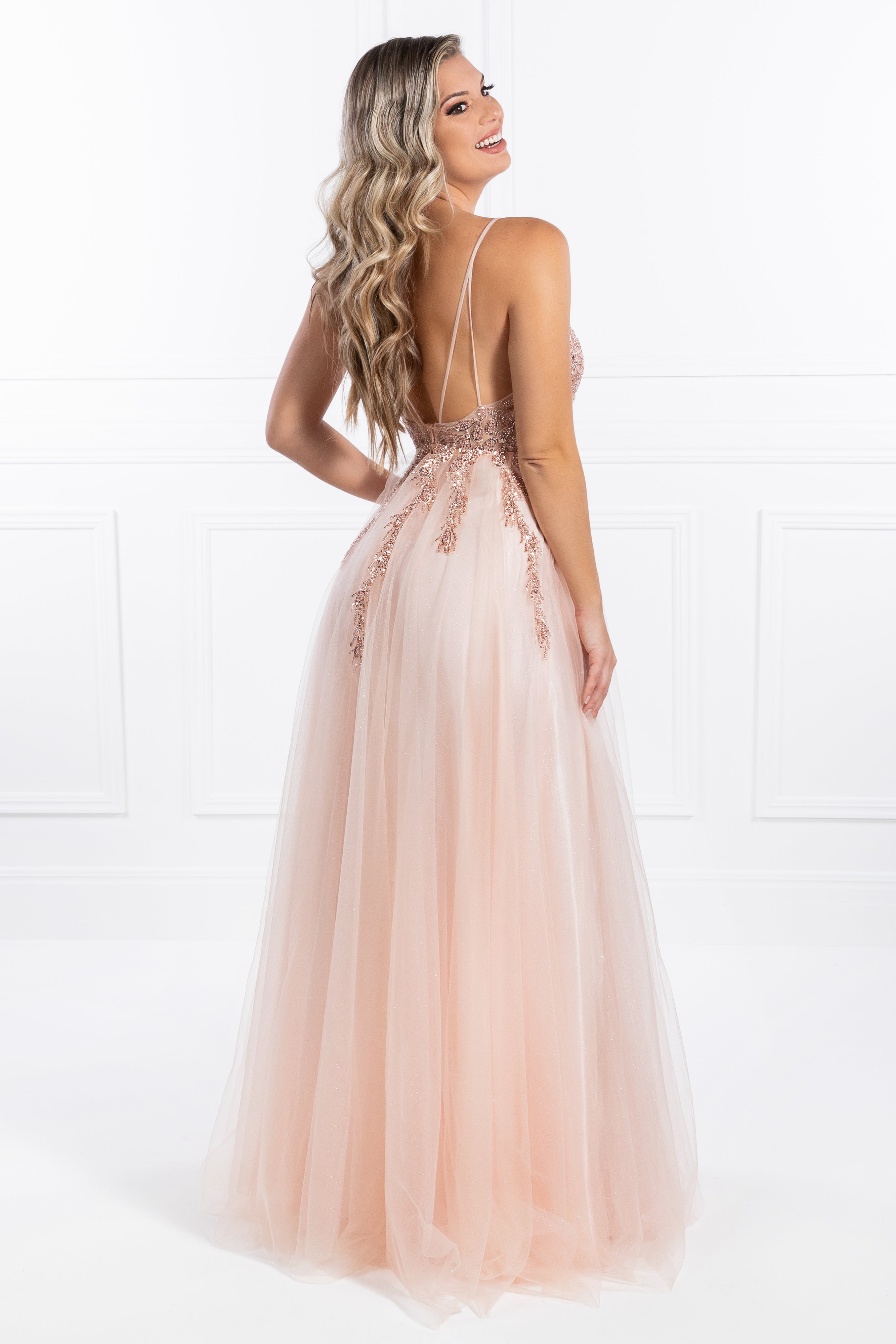 Back view of Honey Couture EDEN Blush Crystal Beaded Tulle Formal Gown by Australian Designer, perfect for prom and evening events.