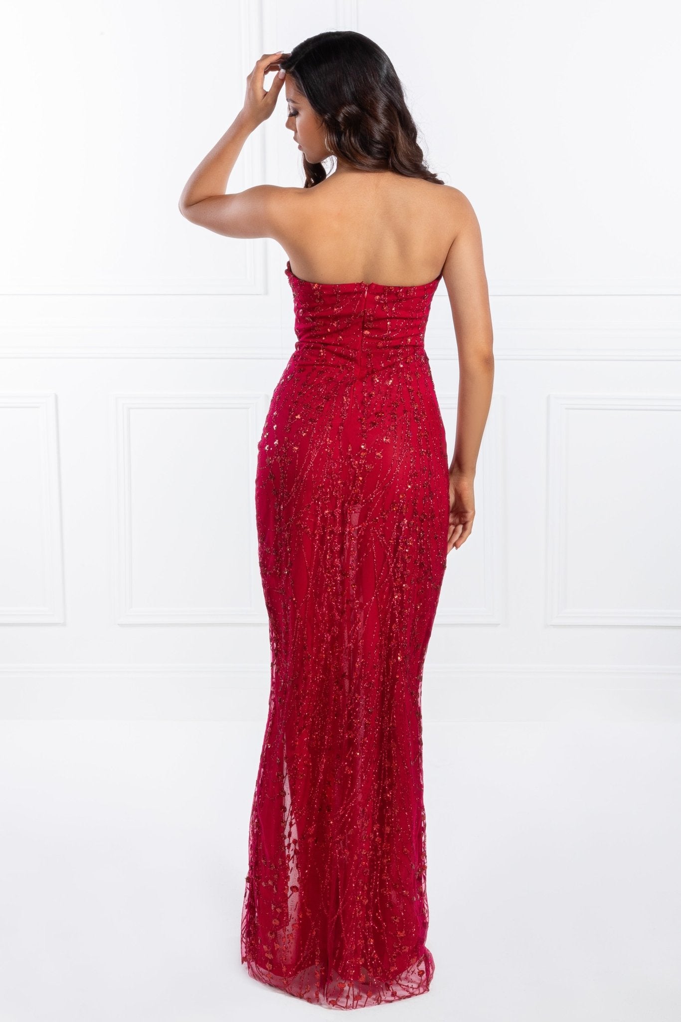 Honey Couture EMILYA Red Strapless Glitter Overlay Evening Gown Dress in Australia | One Honey Boutique
