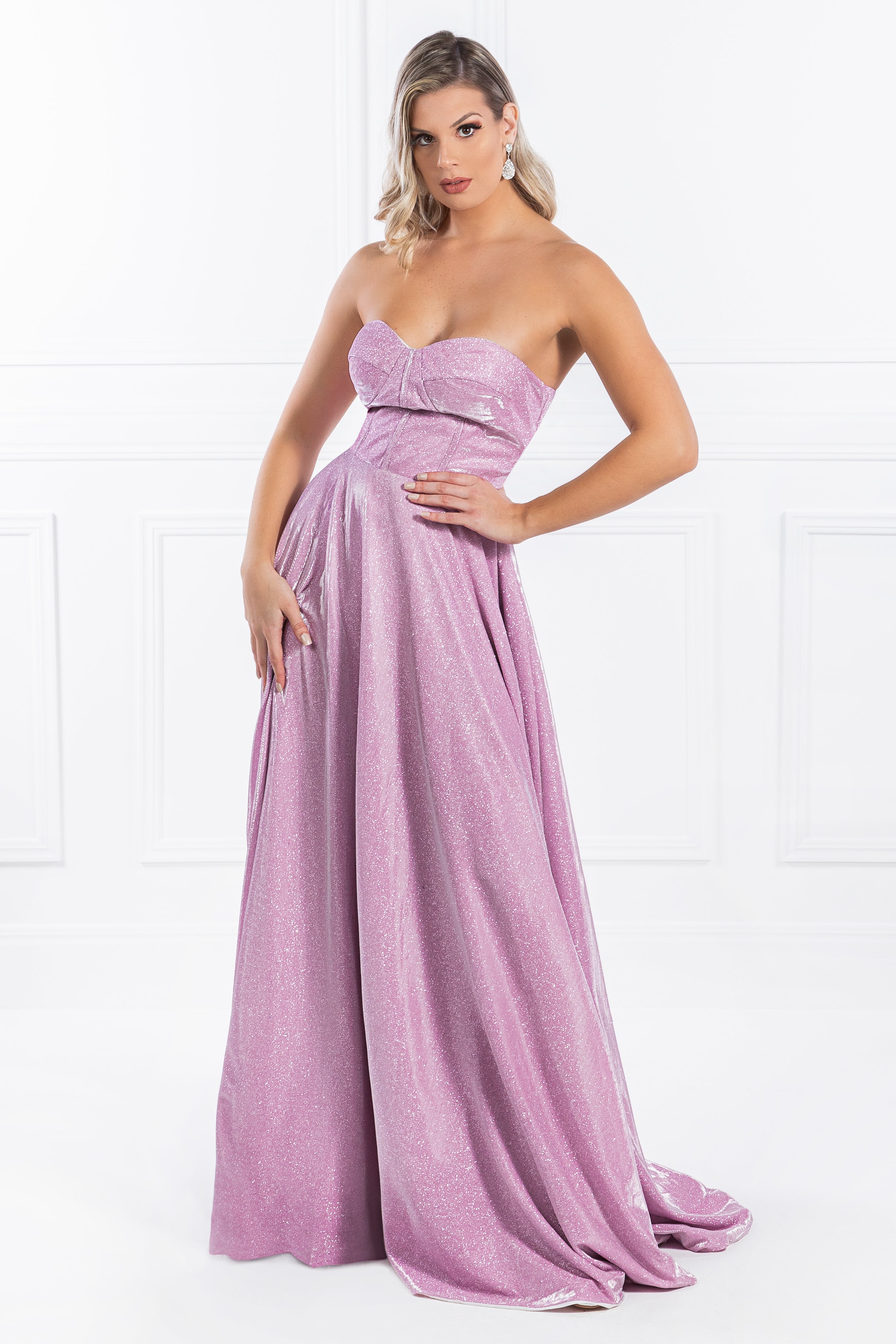 Model wearing Honey Couture FLORENCE Strapless Bustier Shimmer Formal Gown, perfect for pageants, designed by Australian designer, in pink.