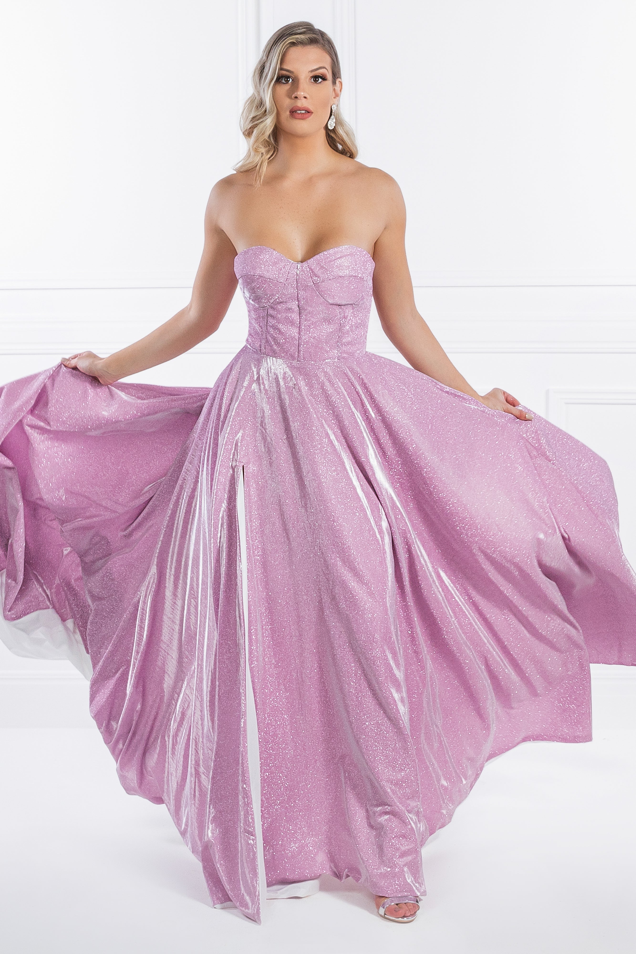 Woman wearing Honey Couture FLORENCE strapless shimmer evening gown, Australian Designer formal dress, ideal for prom and pageants.