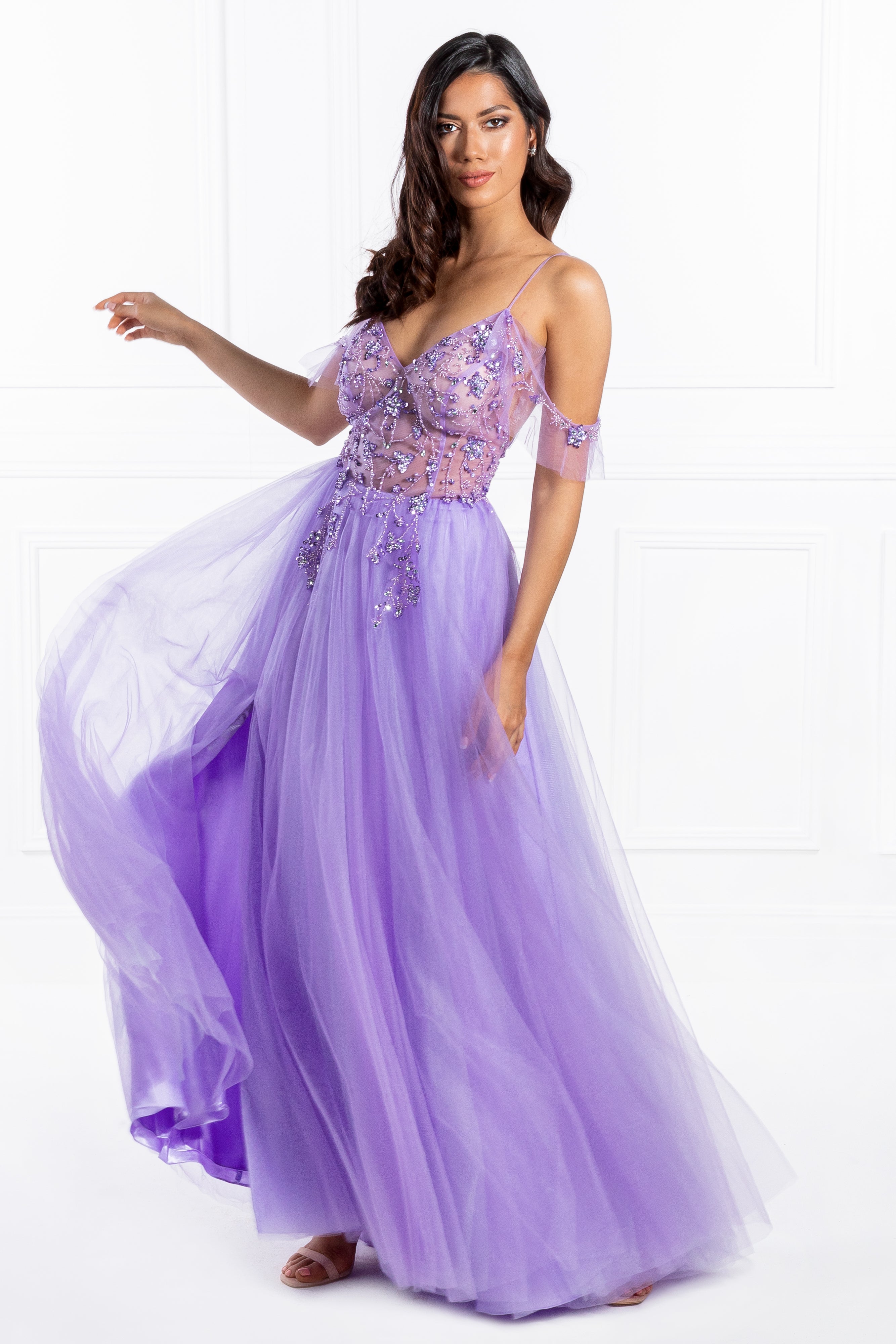 Honey Couture LOLA Purple Crystal Tulle Skirt Formal Dress