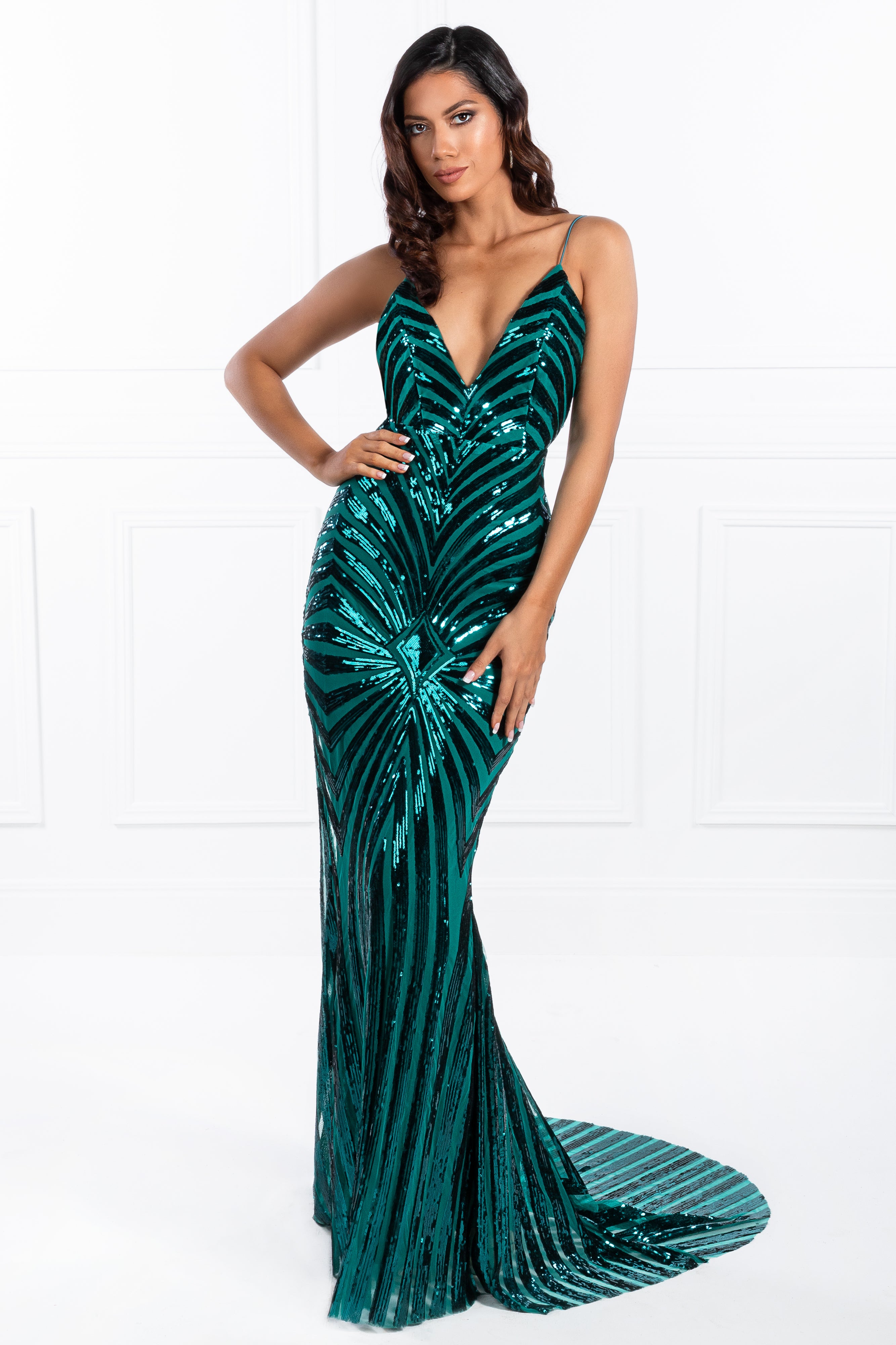 Honey Couture TILDA Emerald Green Low Back Sequin Formal Gown Dress