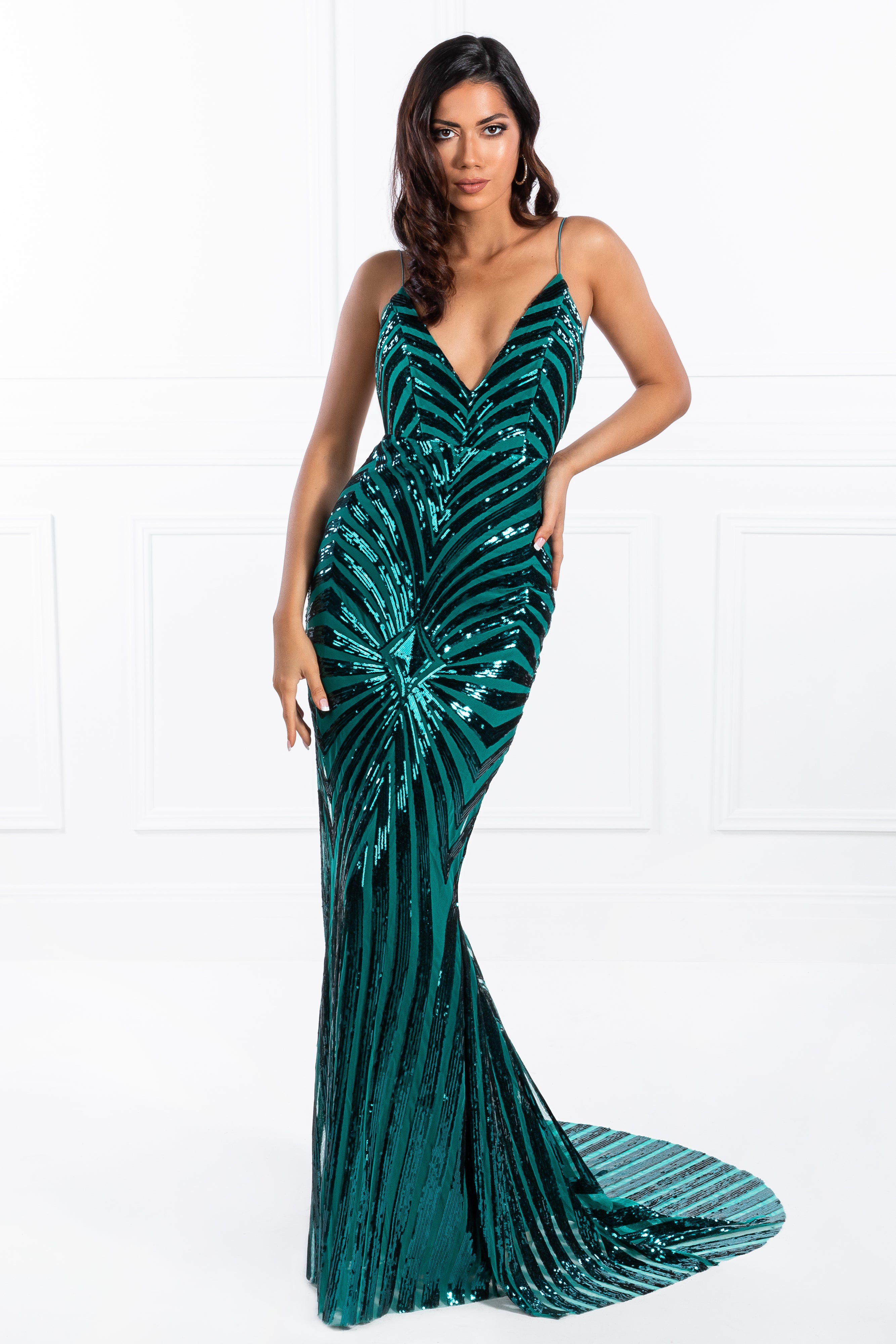 Honey Couture TILDA Emerald Green Low Back Sequin Formal Gown Dress