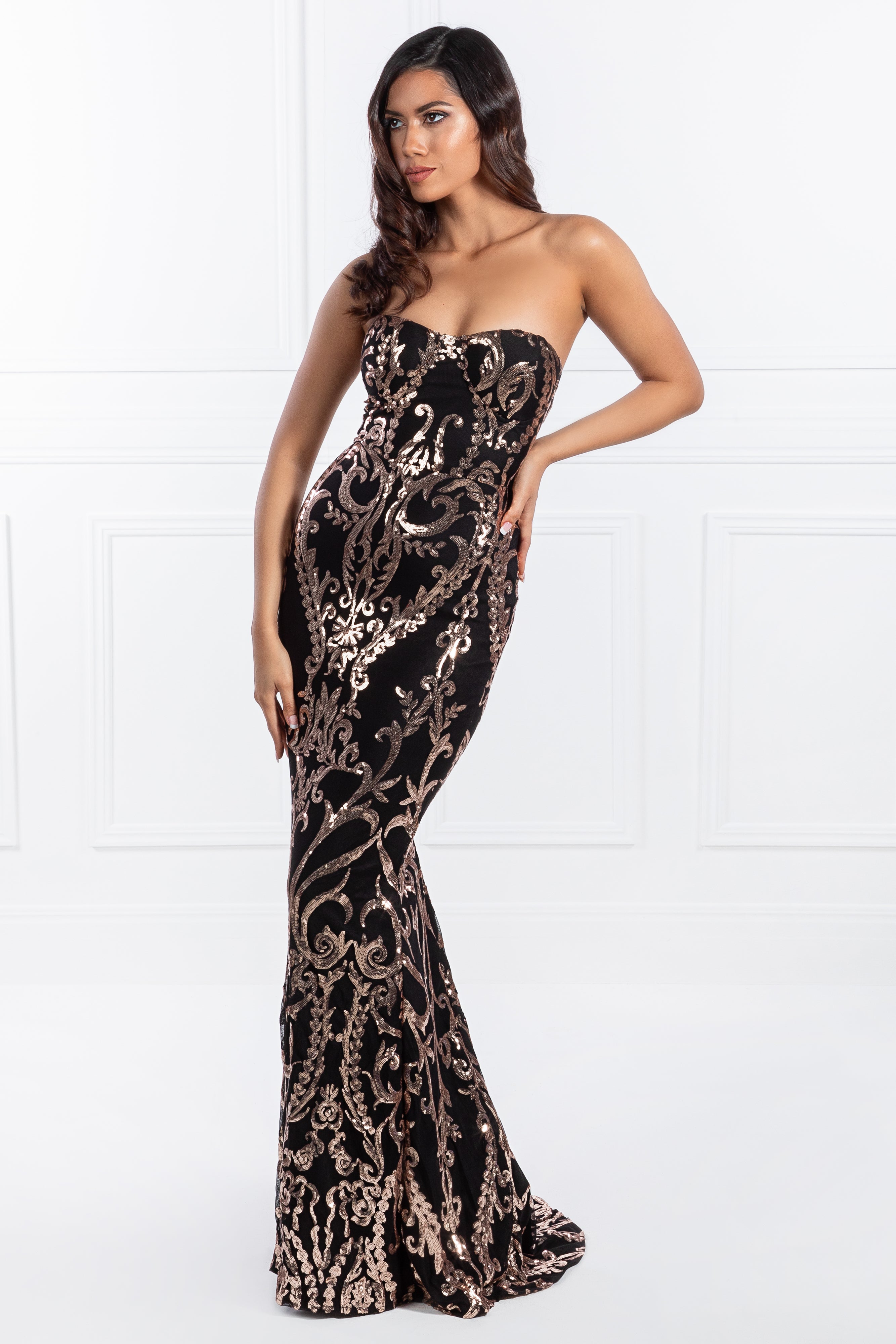 Honey Couture LA ROSA Rose Gold Strapless Sequin Evening Gown Dress