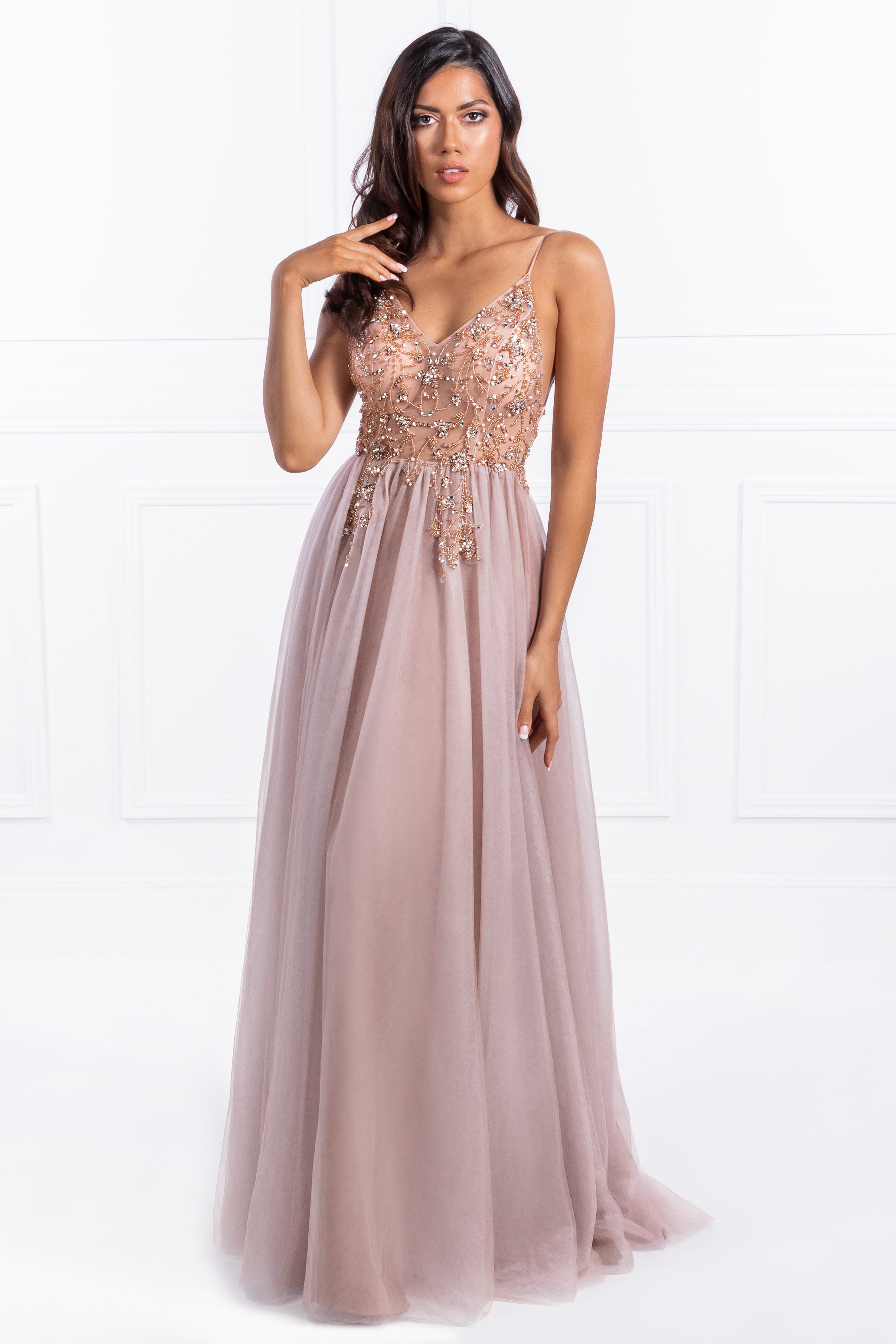 Woman wearing Honey Couture JANA Pink Crystal Beaded Tulle Formal Gown, Australian Designer, Prom Dresses, Evening Gowns, Affordable.
