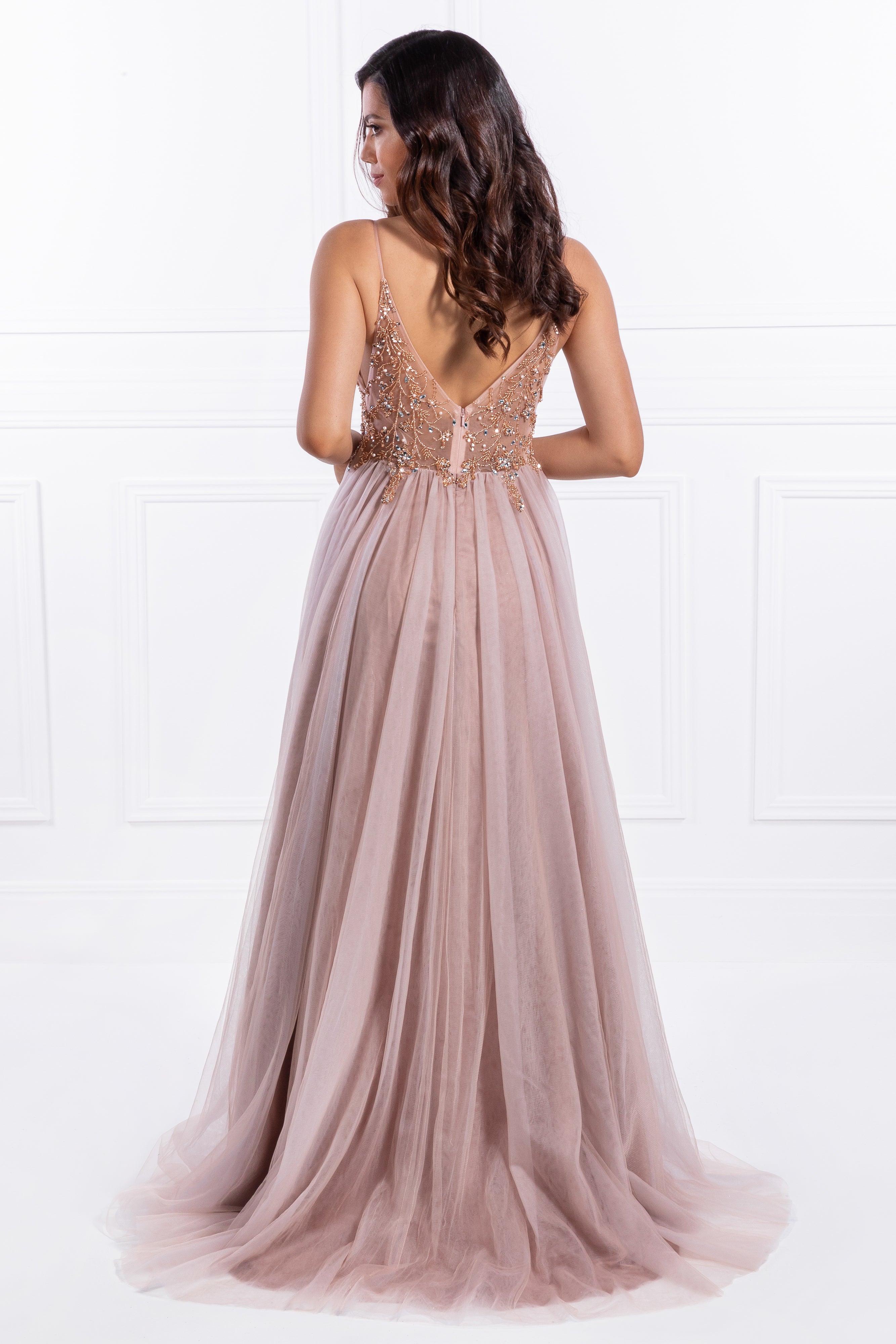 Back view of Honey Couture JANA Pink Crystal Beaded Tulle Gown, Australian Designer Prom Dress, Evening Gown, Affordable Elegance.