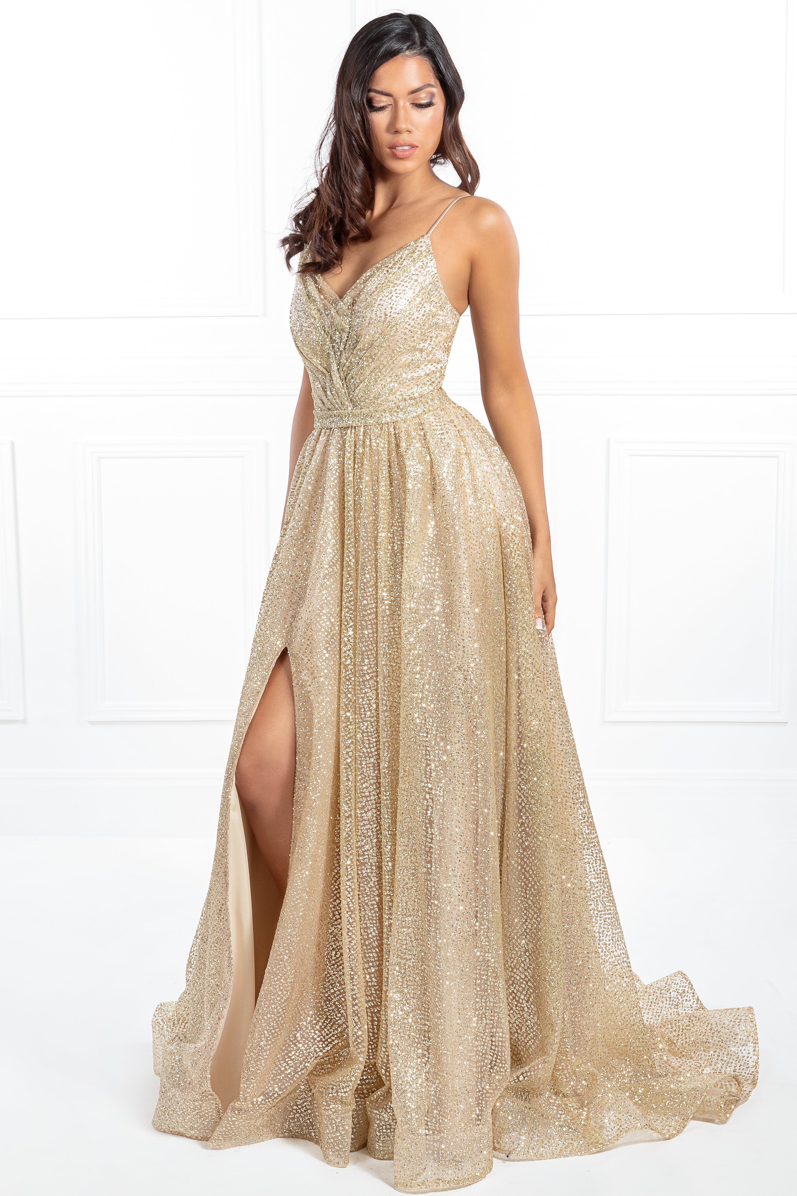 Honey Couture AVA Gold Glitter Sparkle Ball Gown, designed by Australian Designer, perfect for prom or evening events.