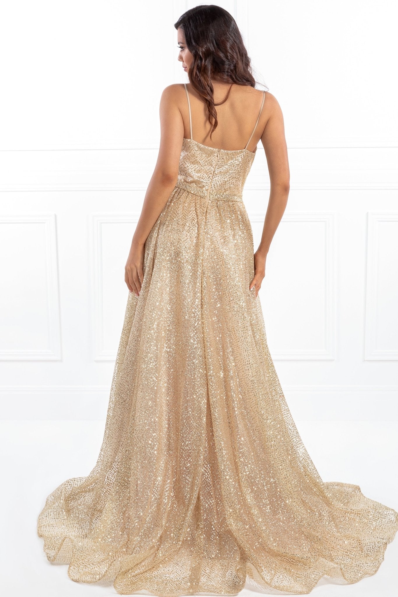 Honey Couture AVA Gold Glitter Sparkle Ball Gown Formal Dress in Australia | One Honey Boutique