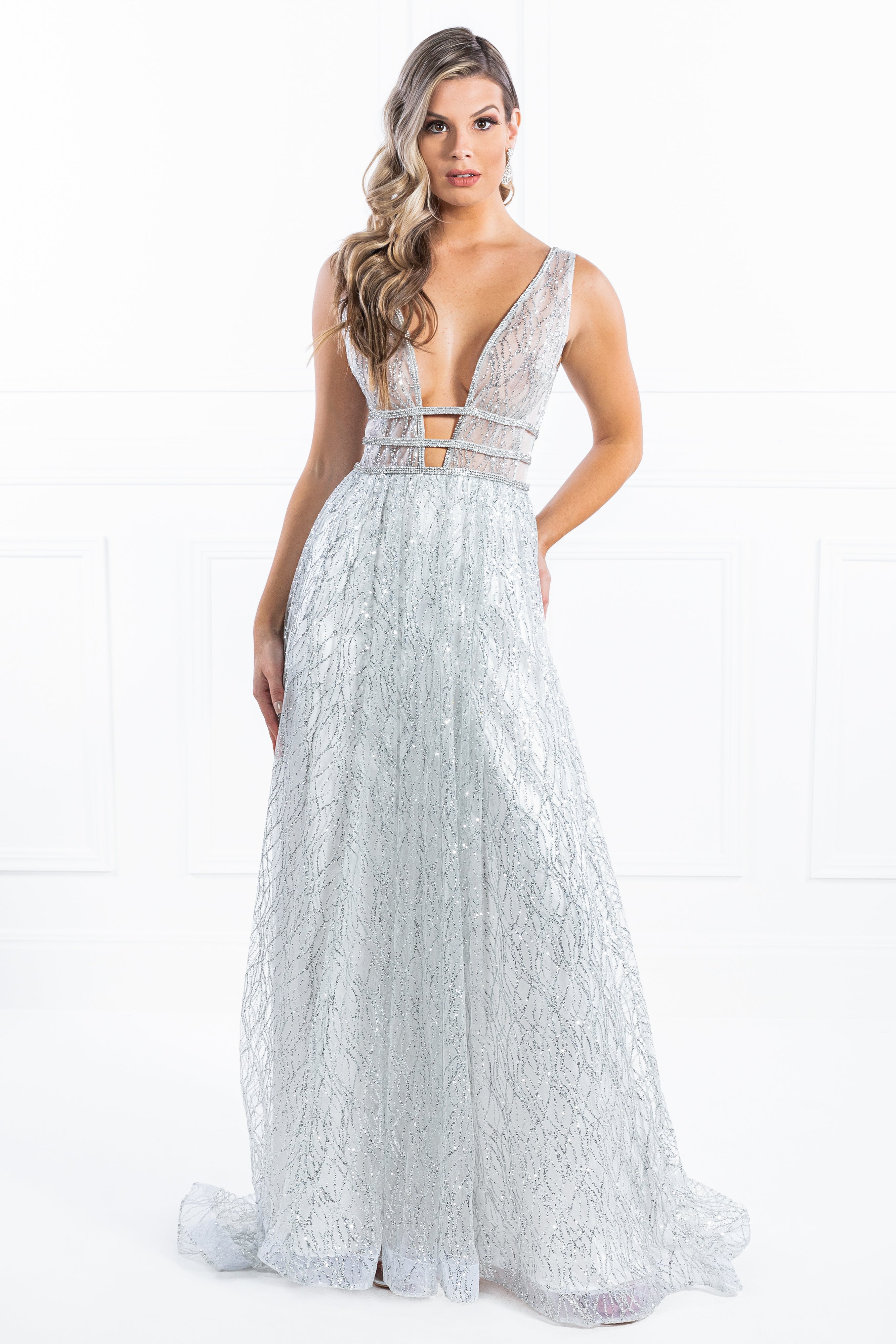Honey Couture ENYA White & Silver Glitter Formal Gown