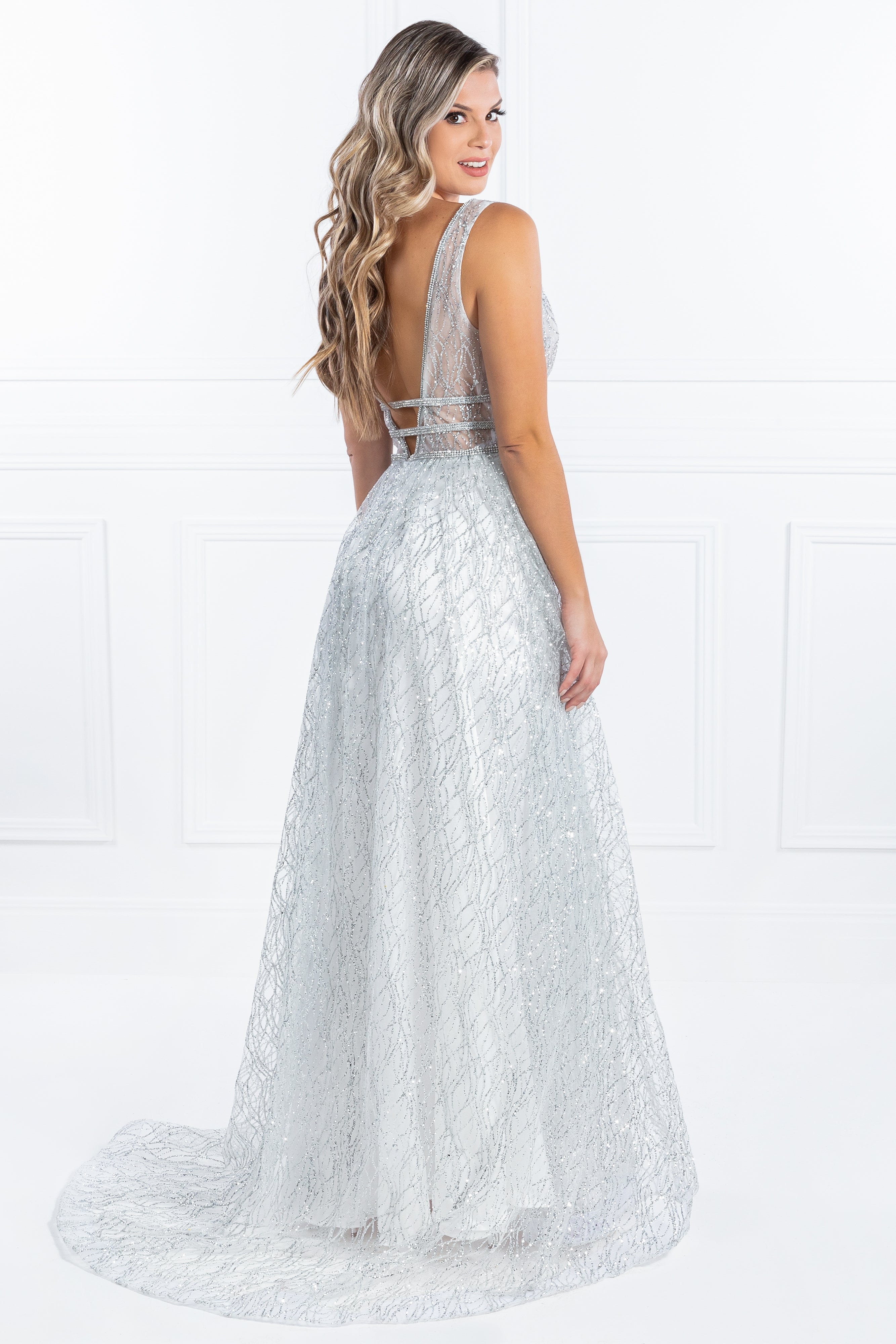 Honey Couture ENYA White & Silver Glitter Formal Gown