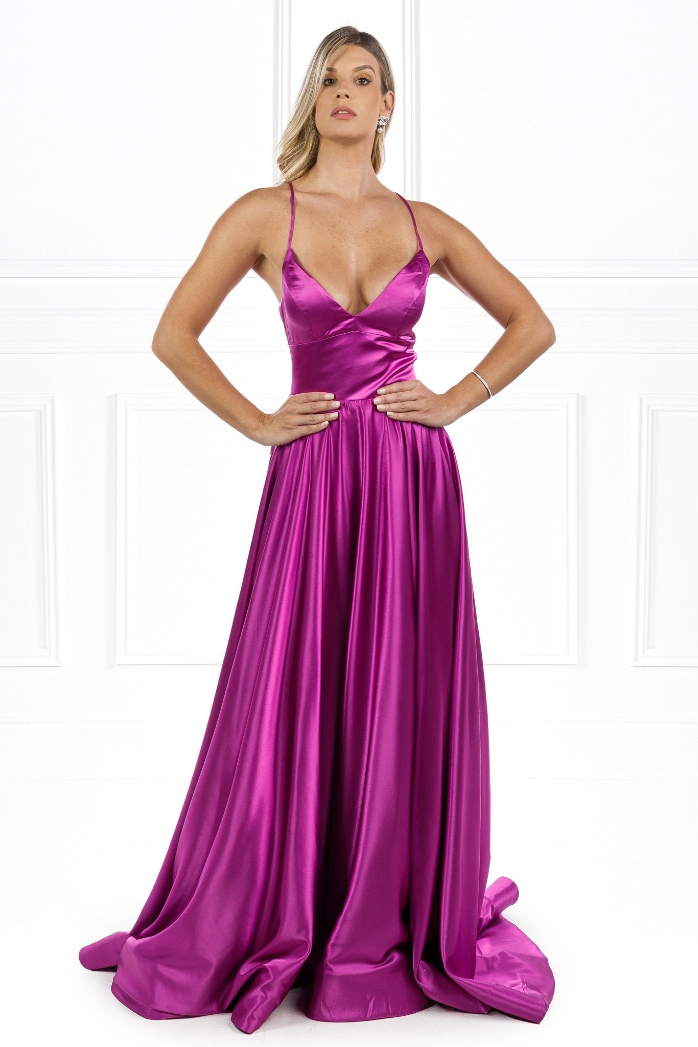 Honey Couture LUCINDA Lace Up Back Satin A Line Formal Dress in Australia | One Honey Boutique