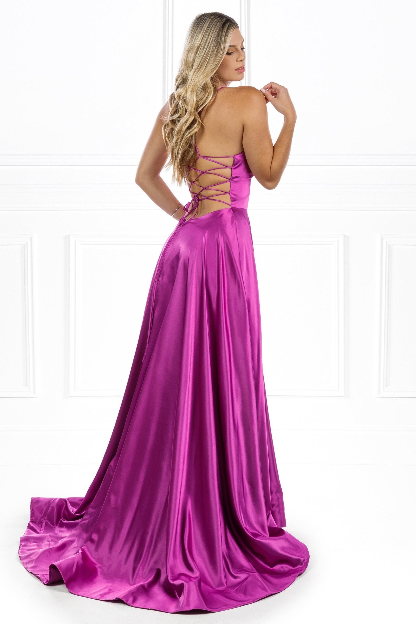 Honey Couture LUCINDA Lace Up Back Satin A Line Formal Dress in Australia | One Honey Boutique