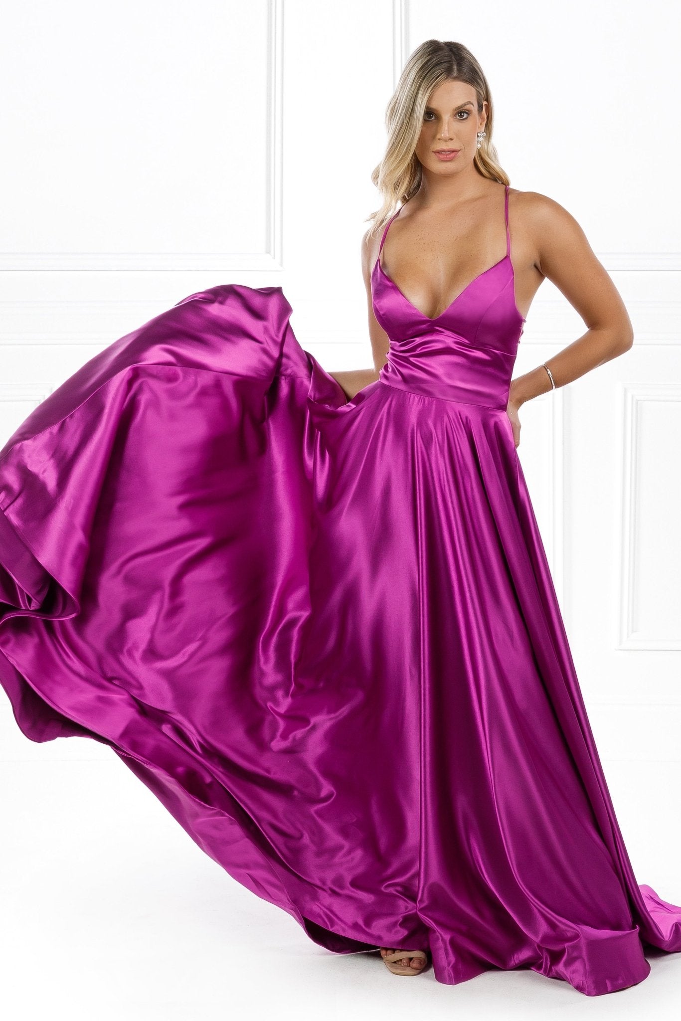 Honey Couture LUCINDA Lace Up Back Satin A Line Formal Dress in Australia | One Honey Boutique