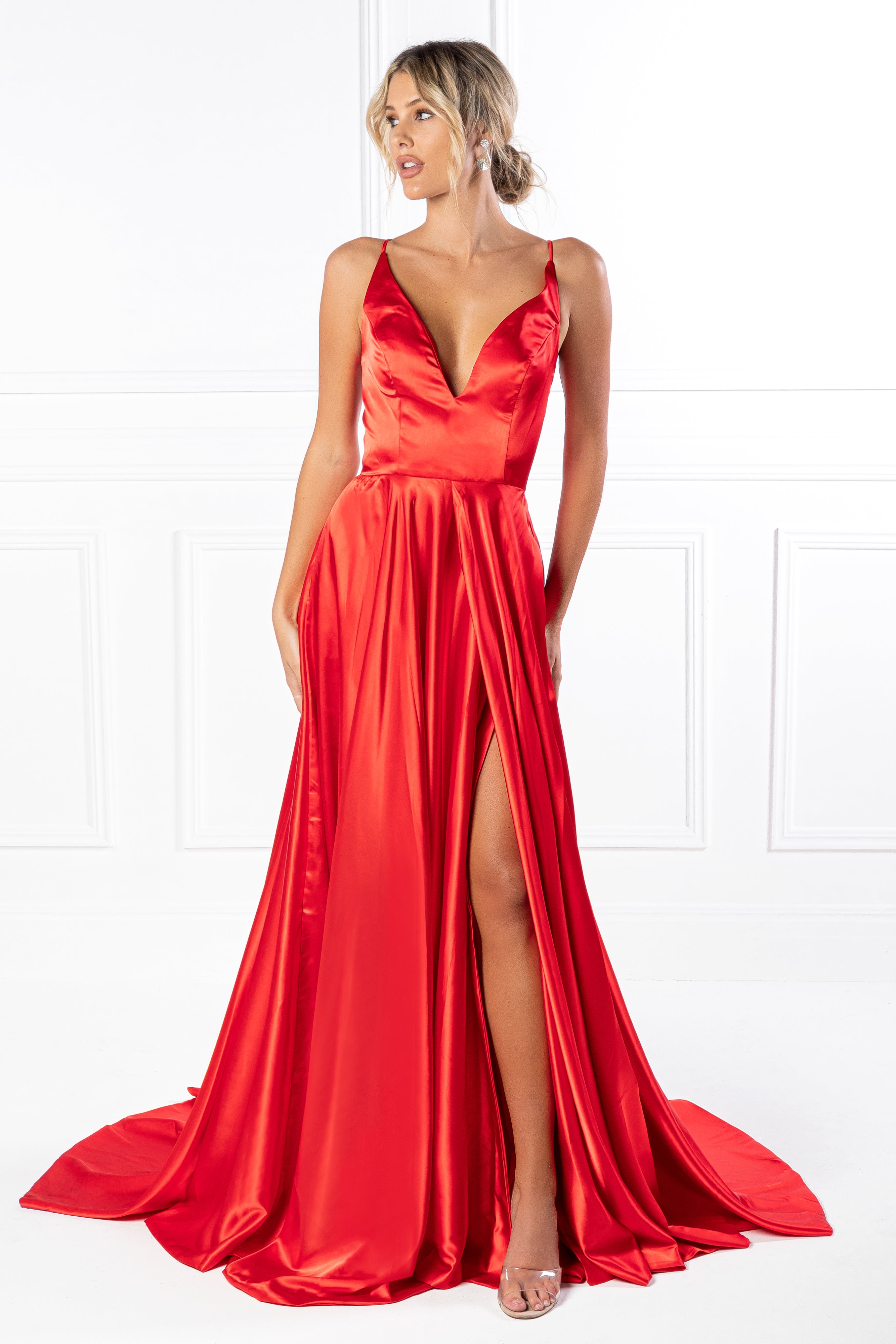 Honey Couture JAYNE satin red gown, deep V neckline, evening gown by Australian designer, ideal for prom or formal events.