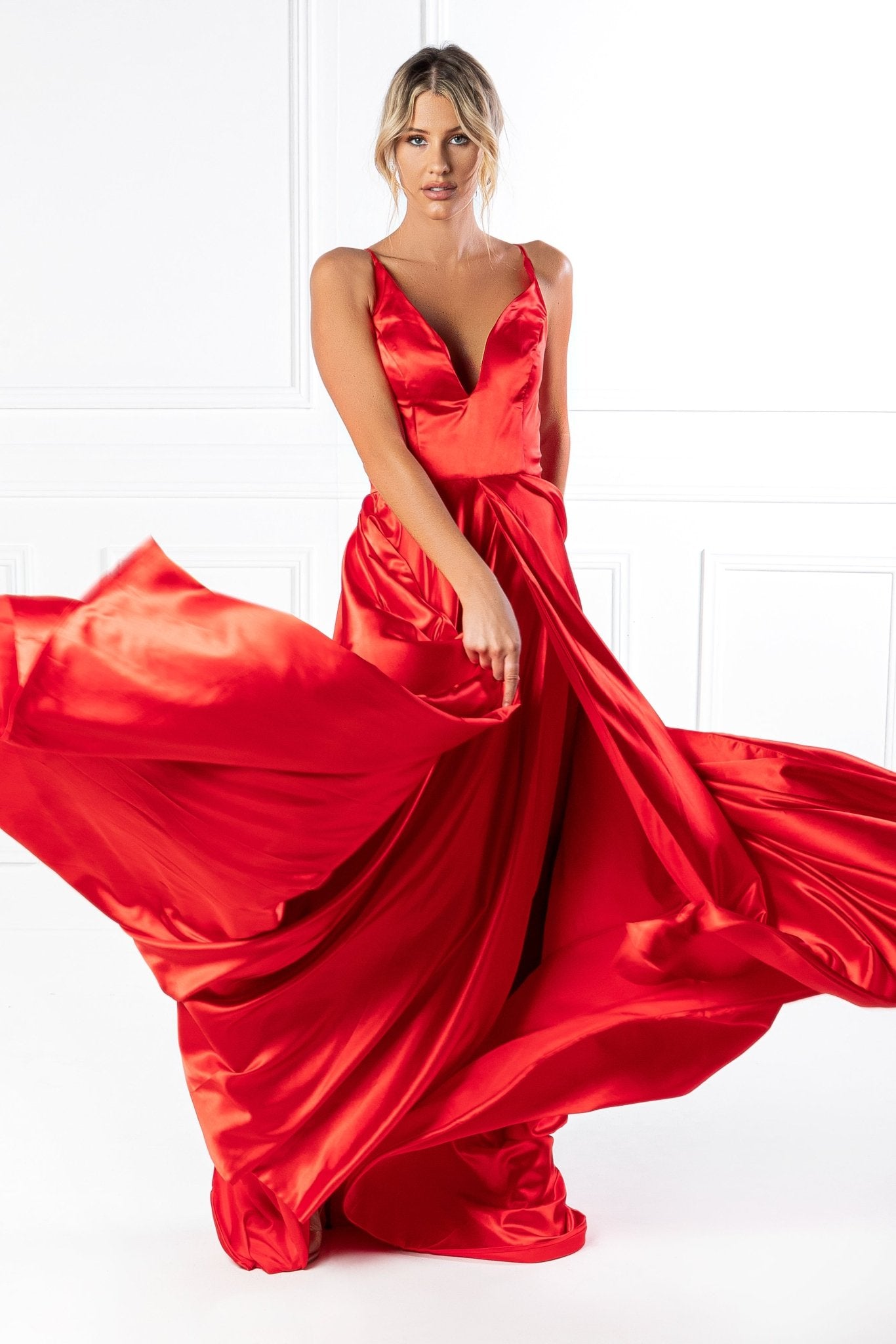 Honey Couture JAYNE Satin Deep V Full Skirt Made To Order Formal Dress in Australia | One Honey Boutique