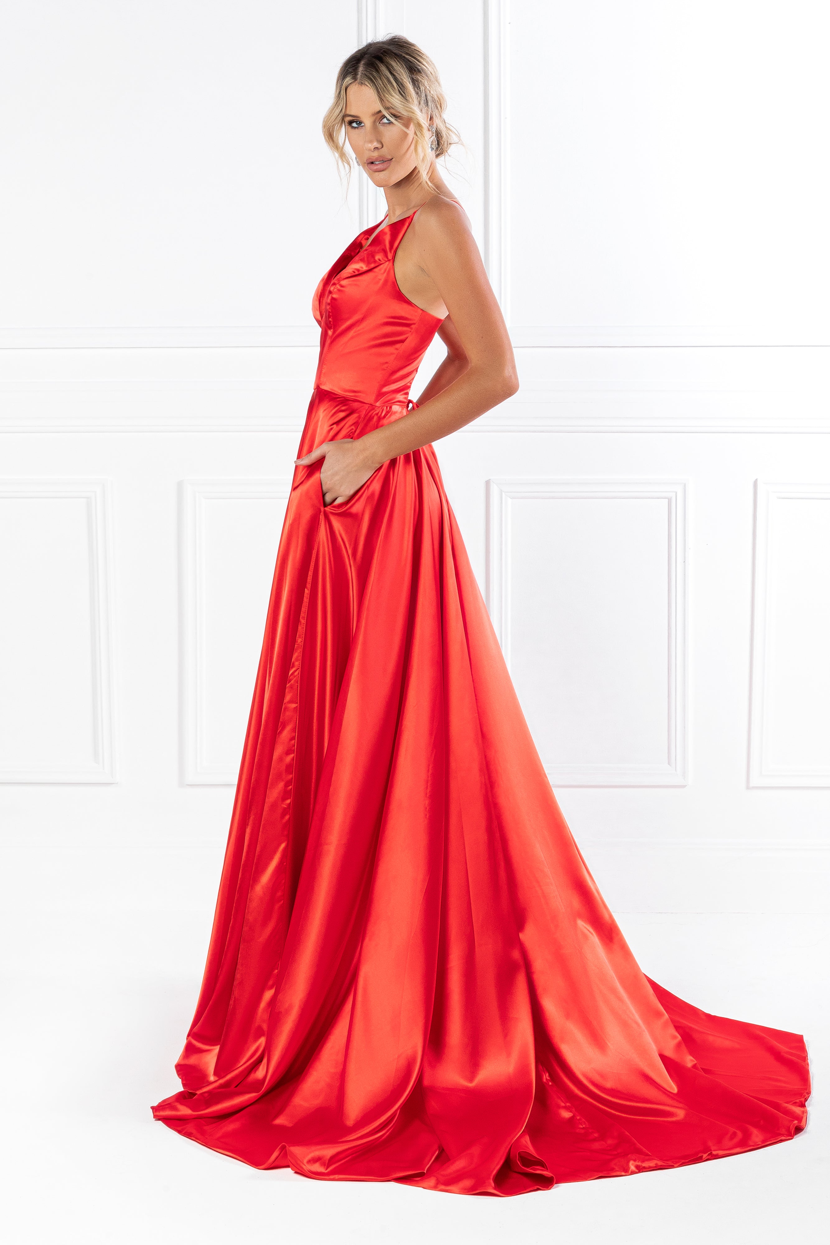Honey Couture JAYNE satin deep V full skirt formal dress, Australian designer prom gown, affordable evening wear.