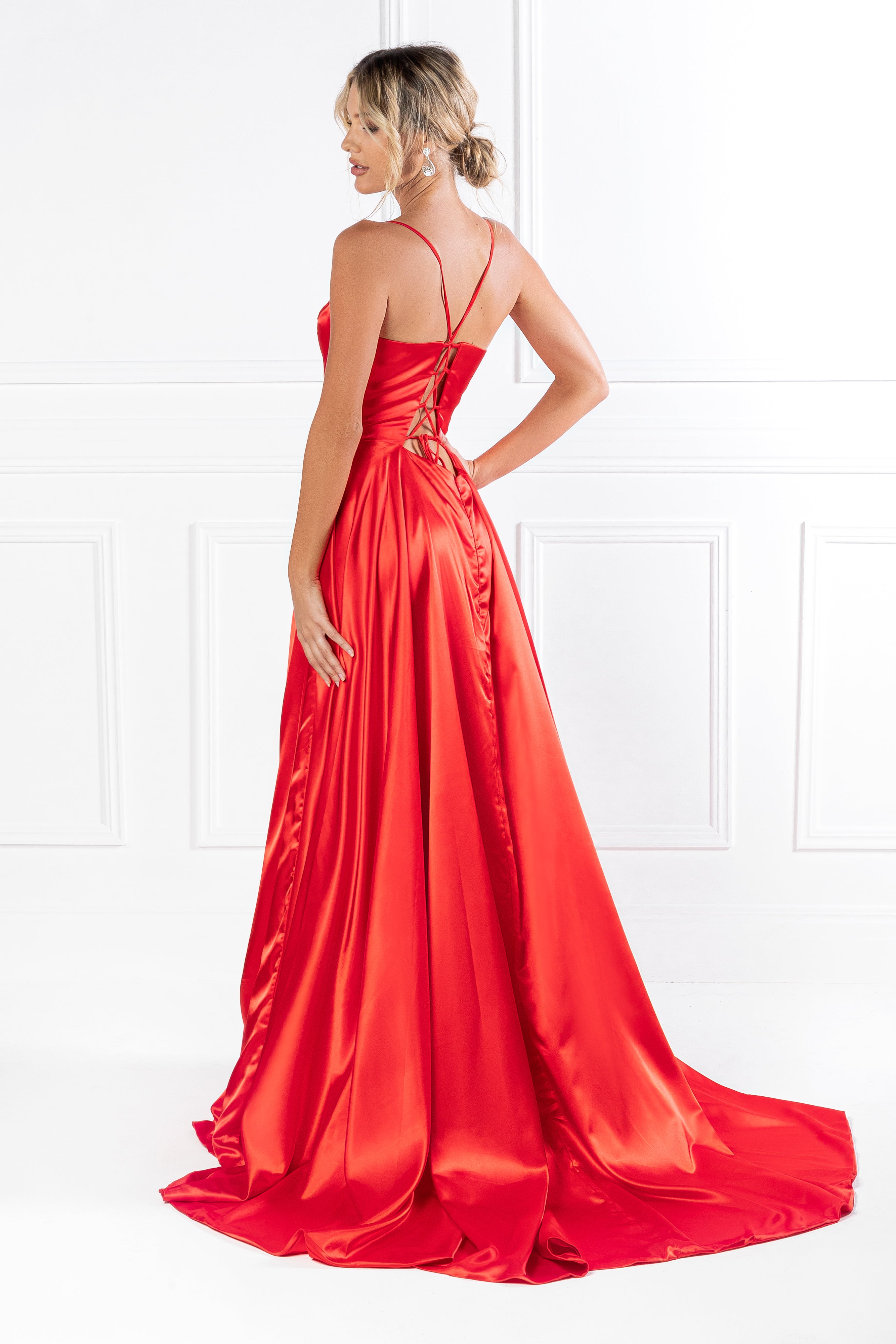Red Honey Couture JAYNE satin gown with deep V and full skirt, perfect for prom and formal events. Affordable Australian designer evening wear.