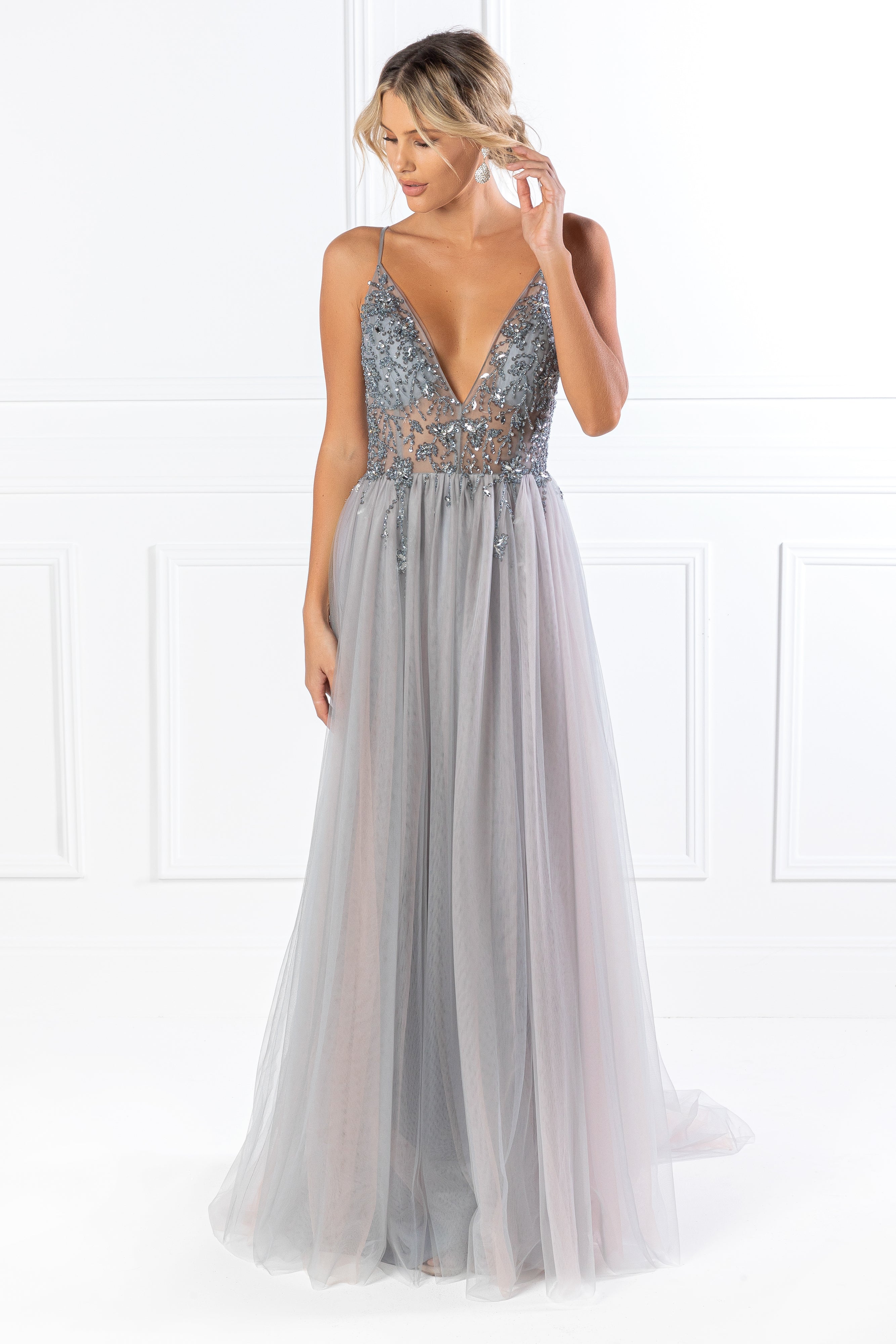 Honey Couture VIOLET Grey Tulle Crystal Beaded Ball Gown, Australian Designer Prom Dress, Affordable Evening Gown