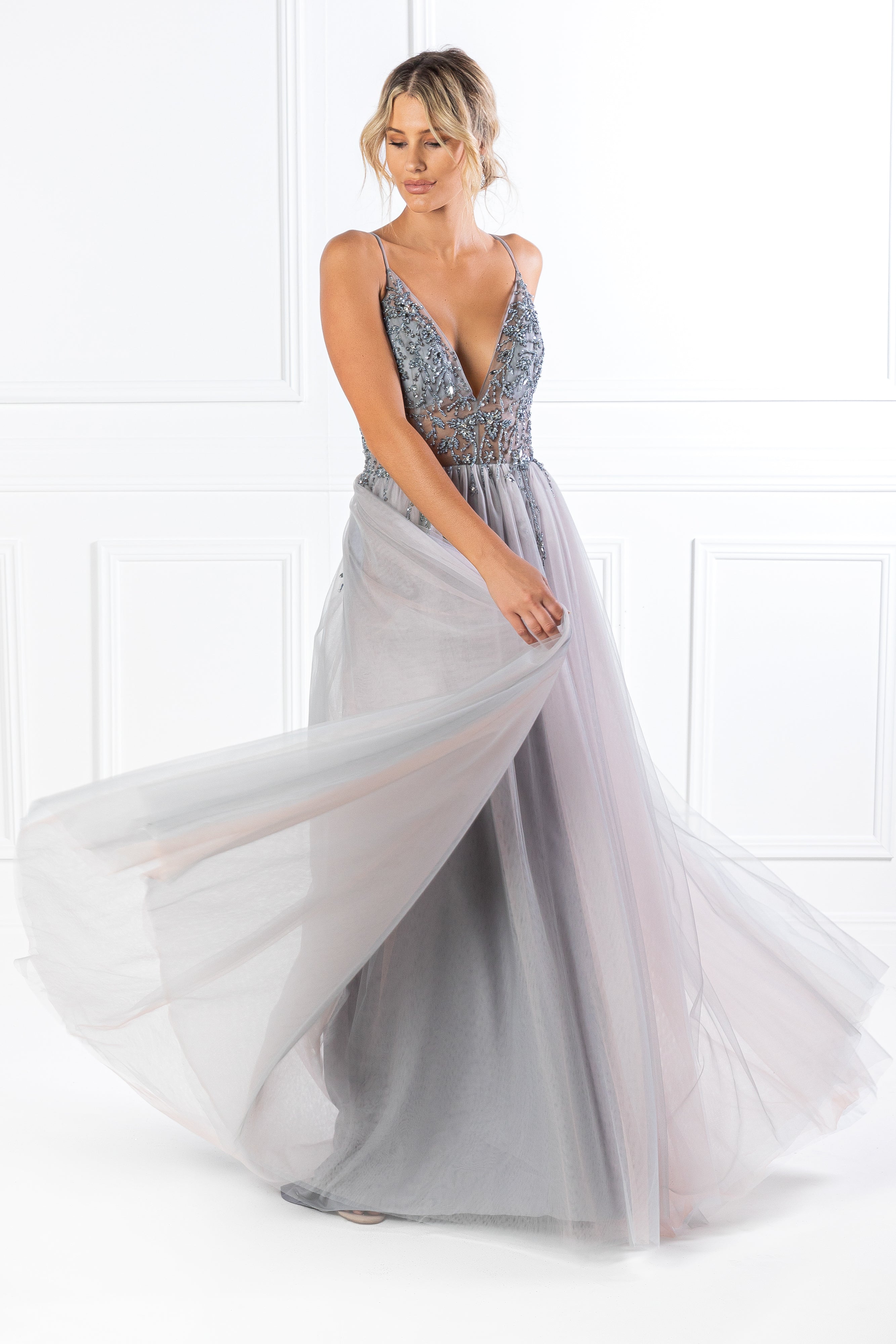 Honey Couture VIOLET Grey Tulle Crystal Beaded Formal Dress - Australian Designer Evening Gown, Affordable Prom Dress