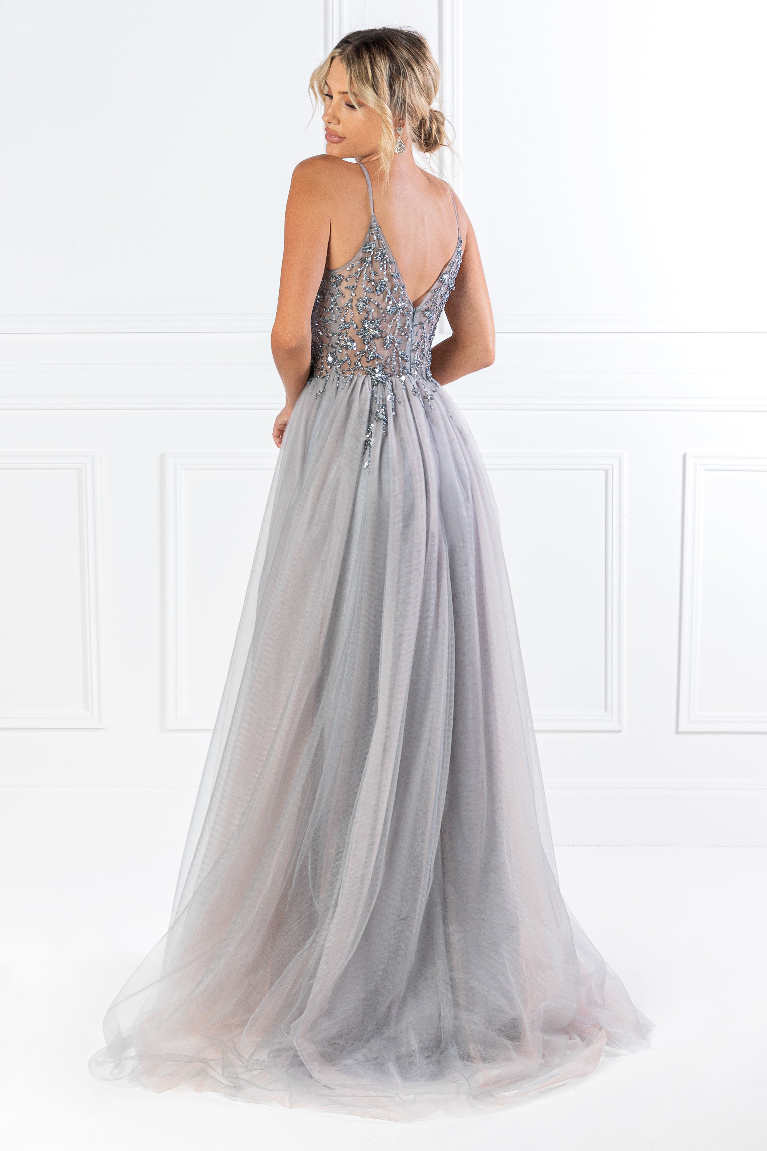 Honey Couture VIOLET Grey Tulle Crystal Beaded Formal Dress by Australian Designer, perfect prom or evening gown, affordable elegance.