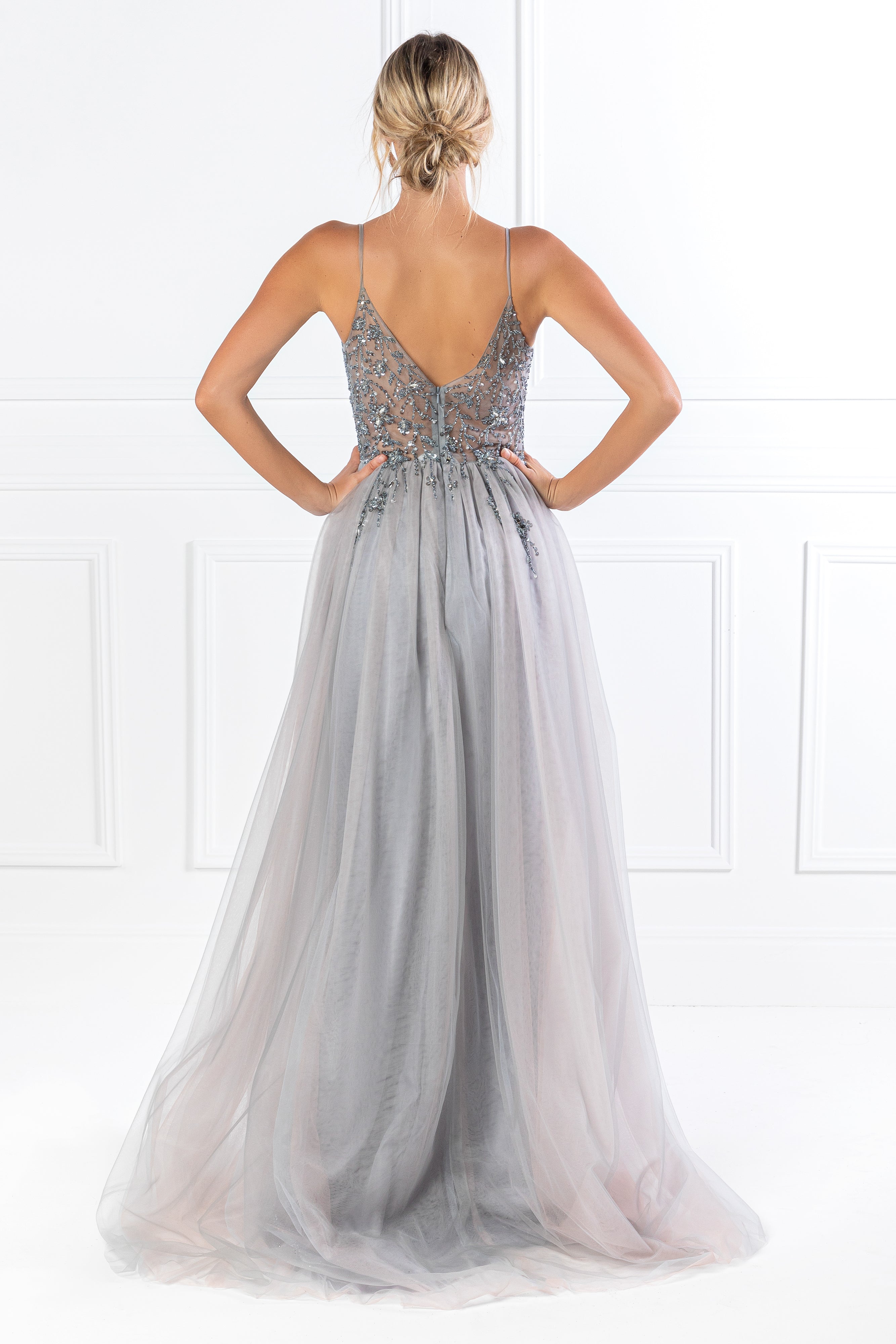 Honey Couture VIOLET Grey Tulle Crystal Beaded Formal Dress by Australian Designer, affordable evening gown for prom and special events.