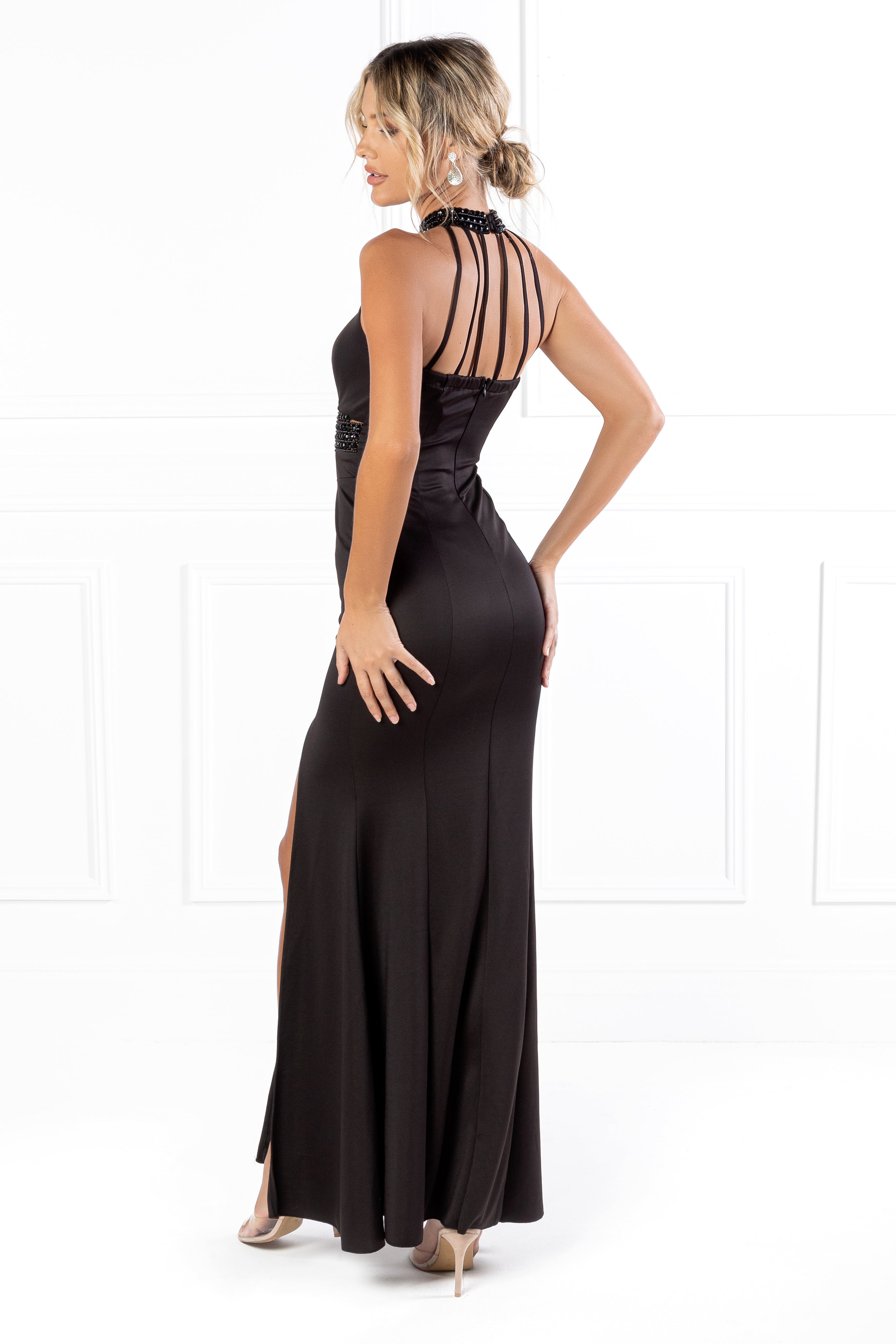 Model wearing Honey Couture VALERIA Black Beaded Halter Formal Gown, Australian Designer evening dress, perfect for prom and events.