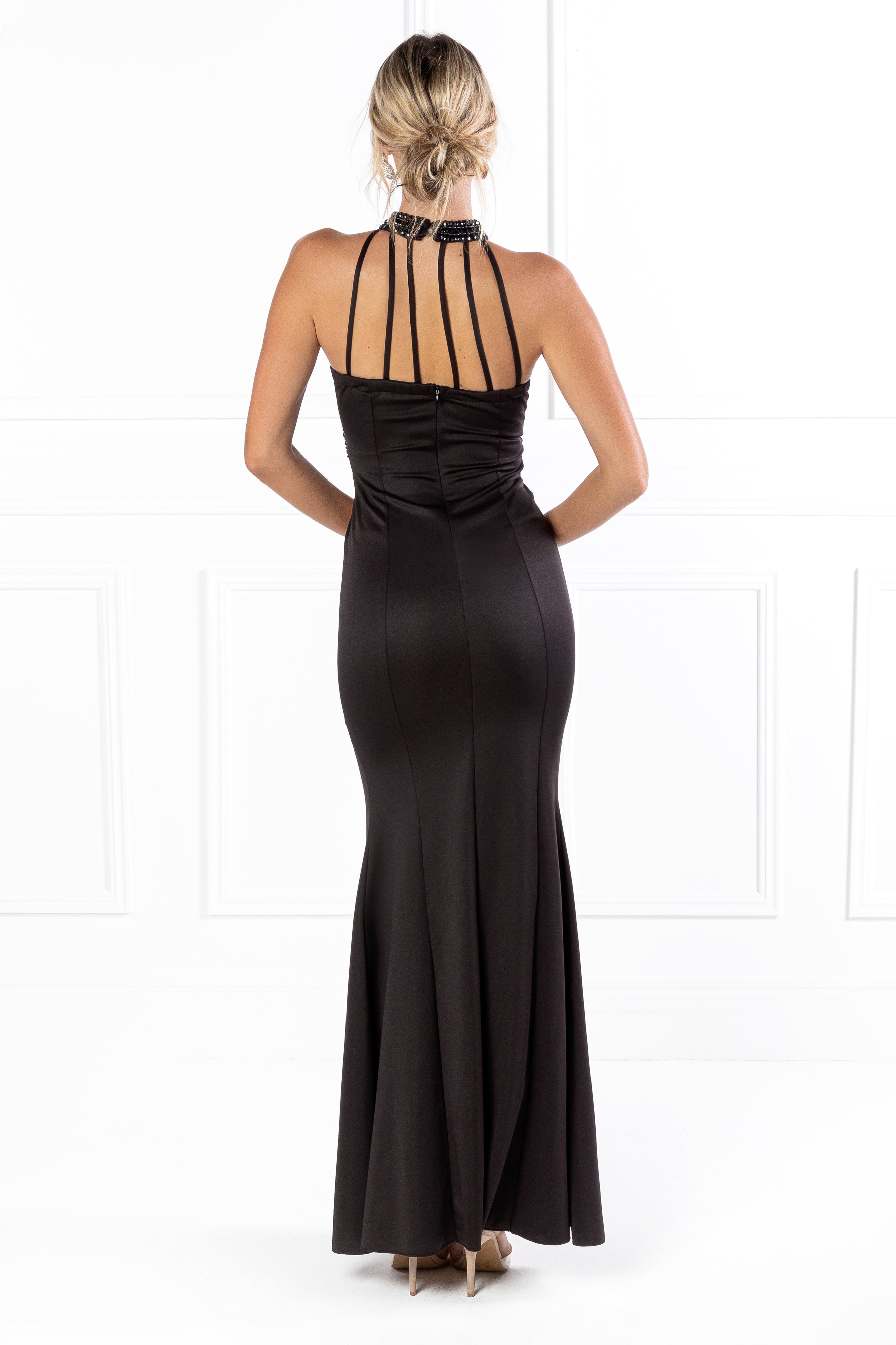Honey Couture VALERIA Black Beaded Halter Formal Gown {vendor} AfterPay Humm ZipPay LayBuy Sezzle