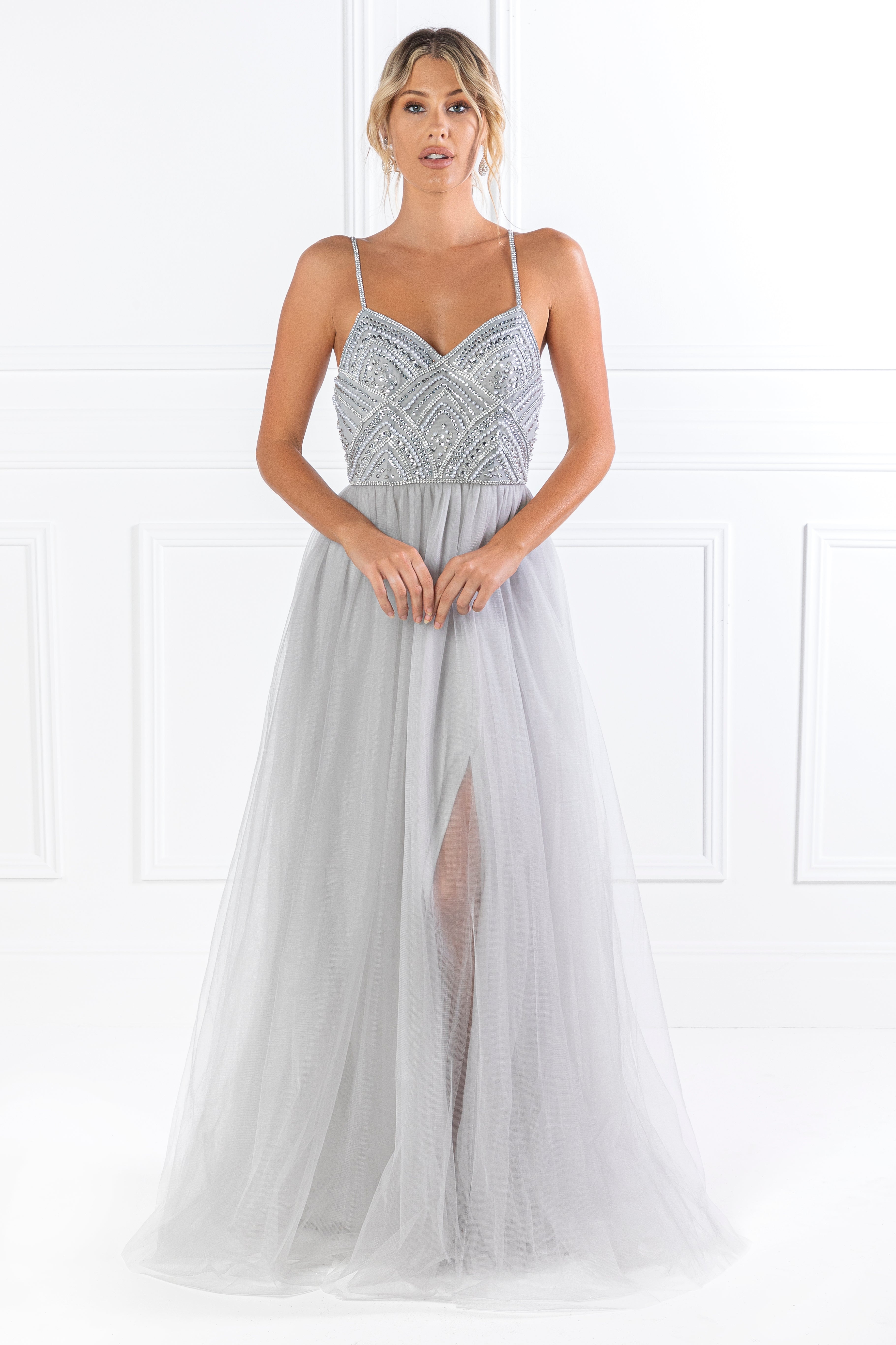 Honey Couture AINSLEY Grey Silver Crystal Beaded Gown, Australian Designer Prom Dress, Affordable Evening Wear