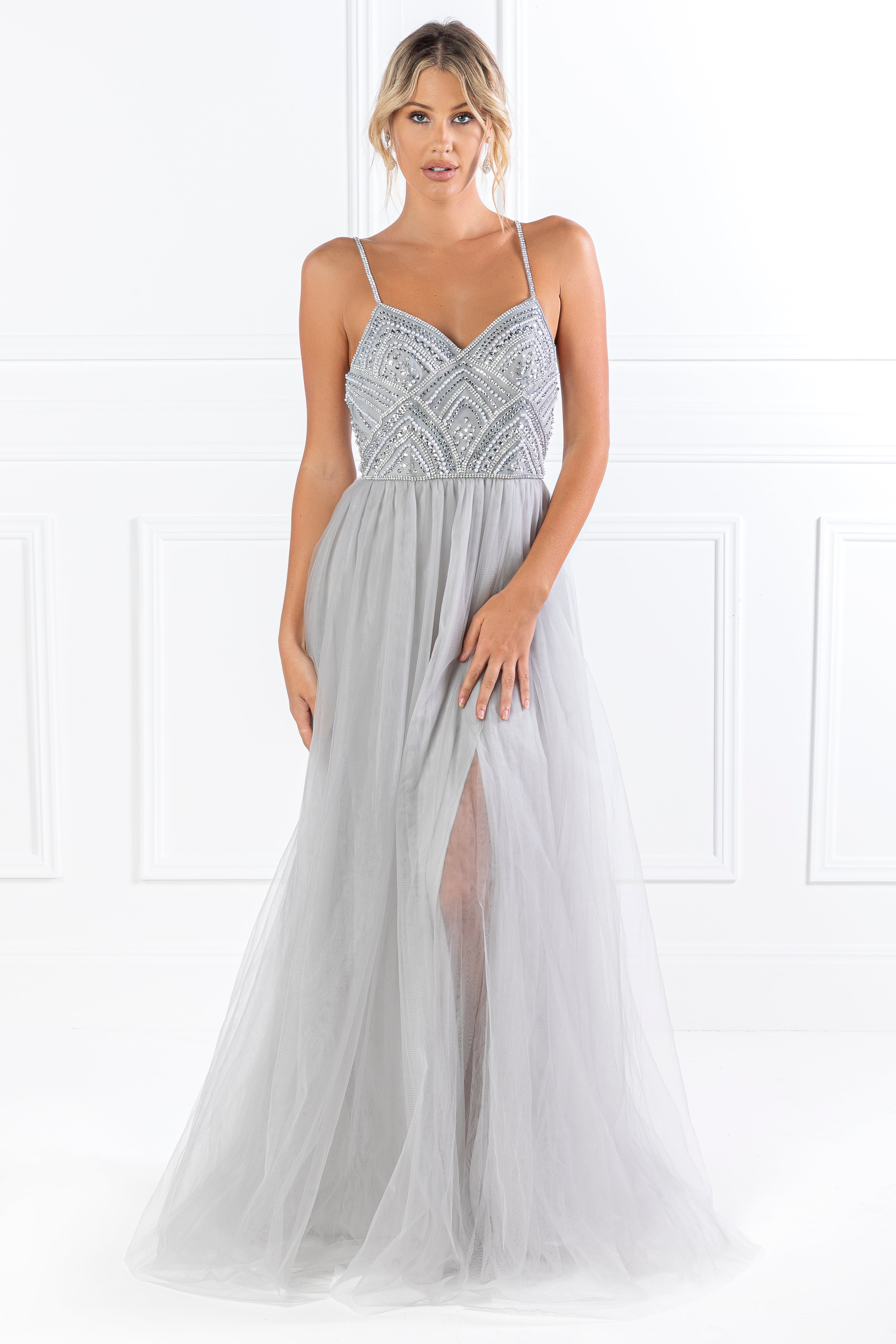 Alt Tag: Honey Couture AINSLEY Grey Silver Crystal Beaded Tulle Formal Gown, Australian Designer, Prom Dresses, Affordable Fashion