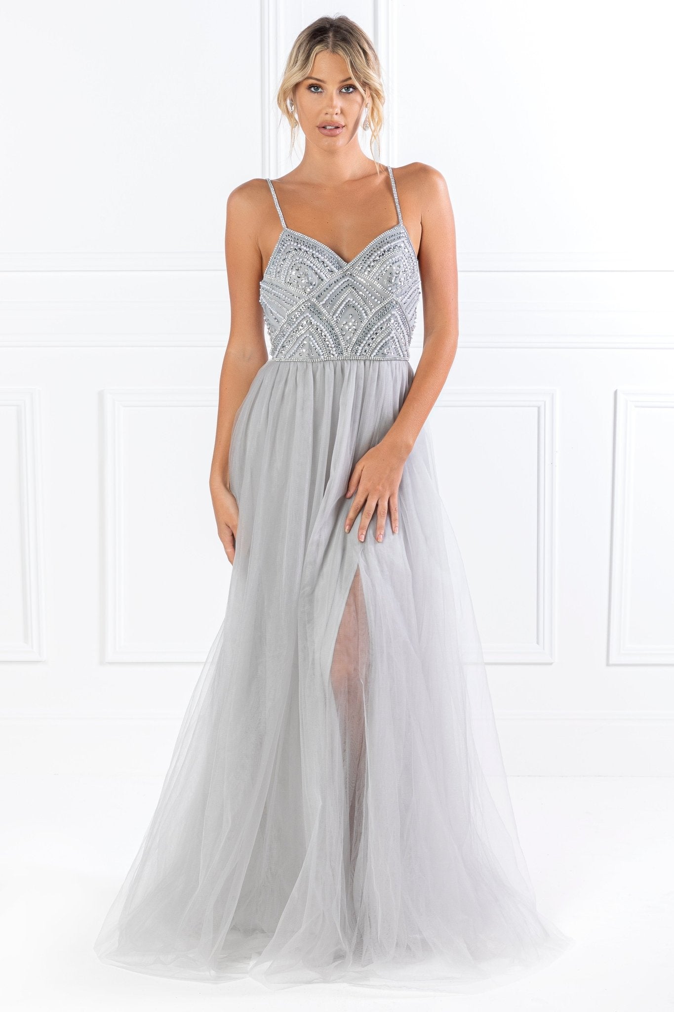 Honey Couture AINSLEY Grey Silver Crystal Beaded Tulle Formal Gown in Australia | One Honey Boutique