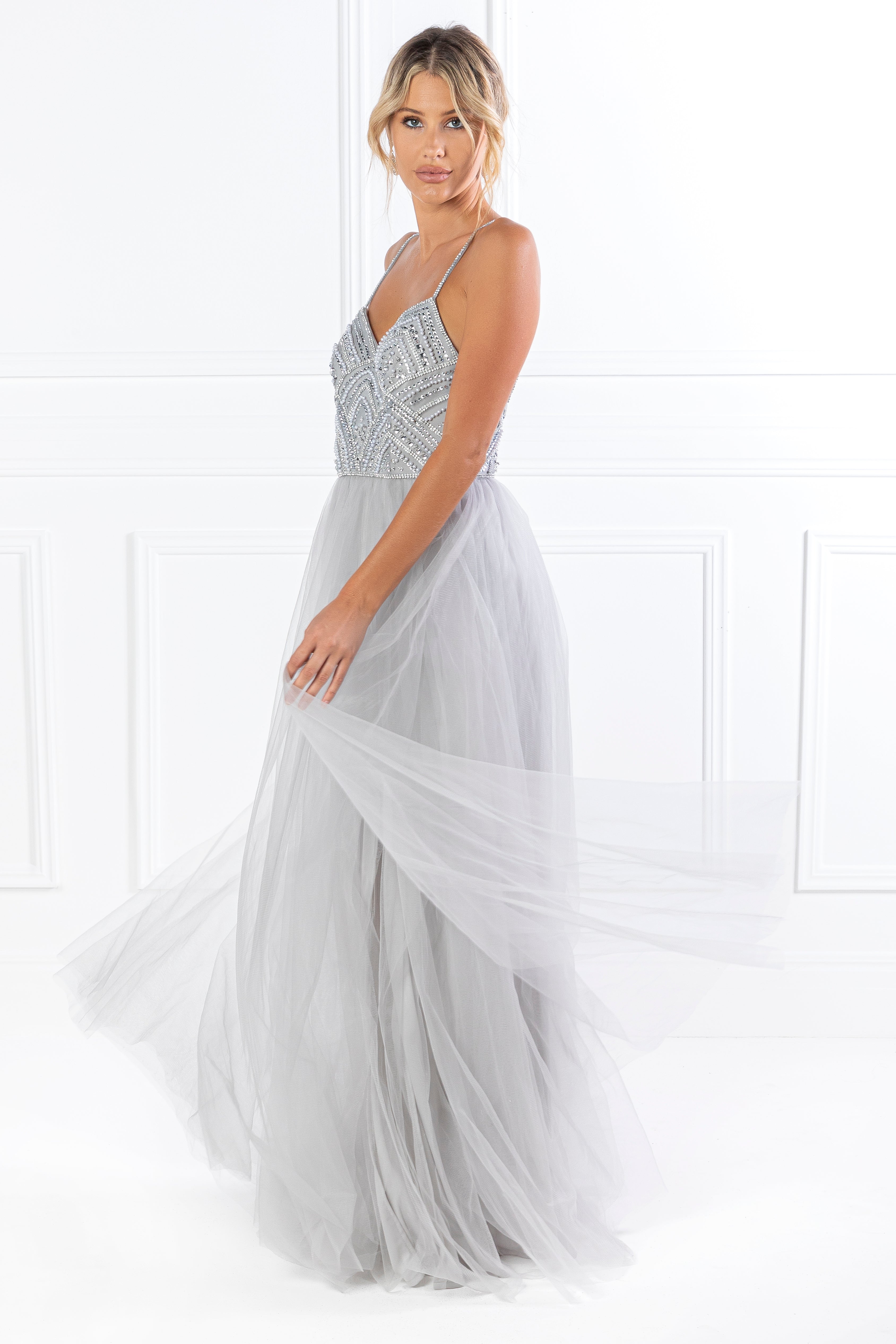 Honey Couture AINSLEY grey silver crystal beaded tulle formal gown with thin diamante straps, Australian designer evening wear, affordable prom dress.